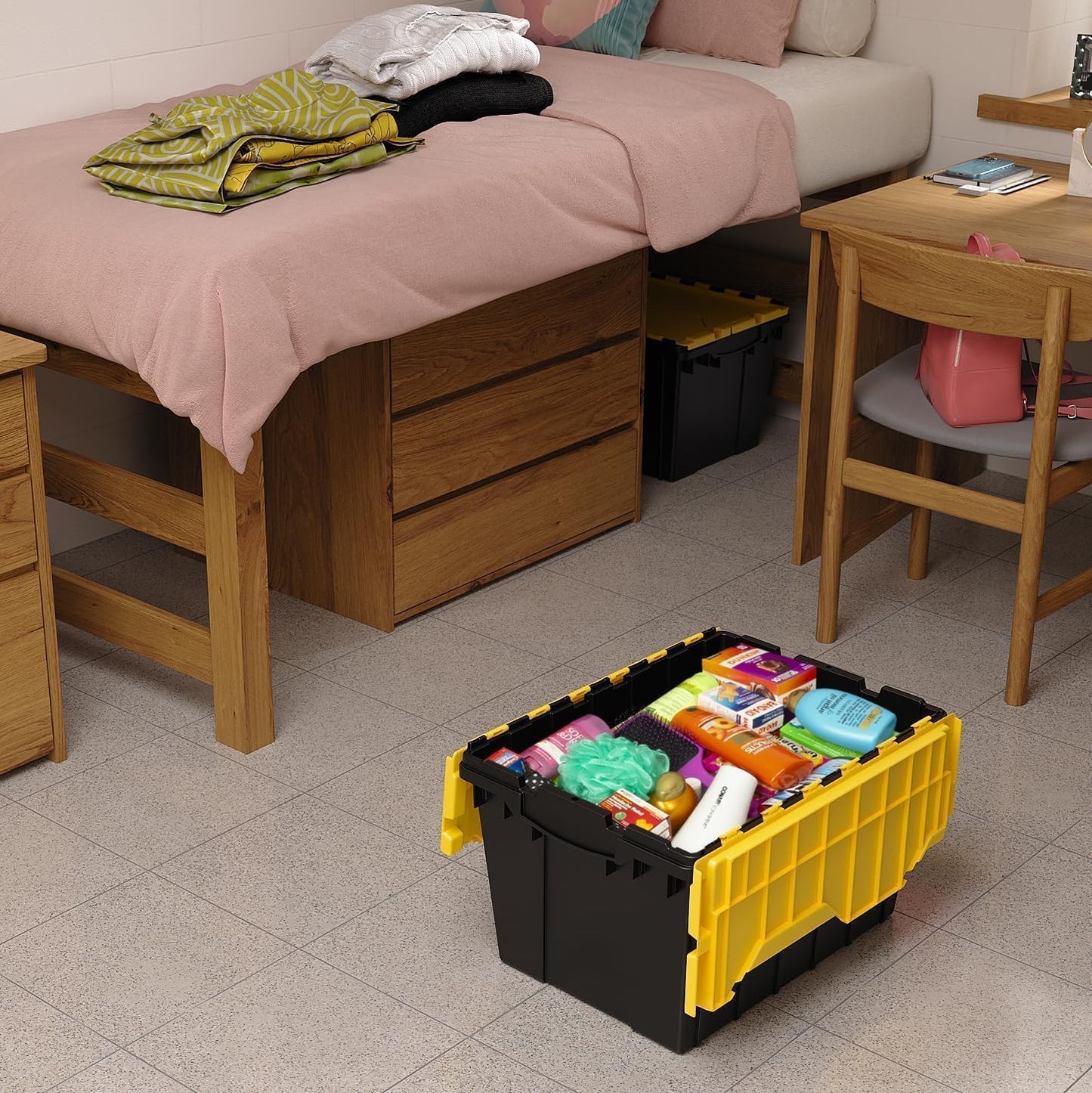 Akro-Mils KeepBox 12 Gallon Storage Container, Nesting and Stackable Plastic Storage Box with Lid Attached, Clear Tote for Garages, Closets, and Moving, 21-1/2" x 15" x 12-1/2", Black/Yellow, 6-Pack
