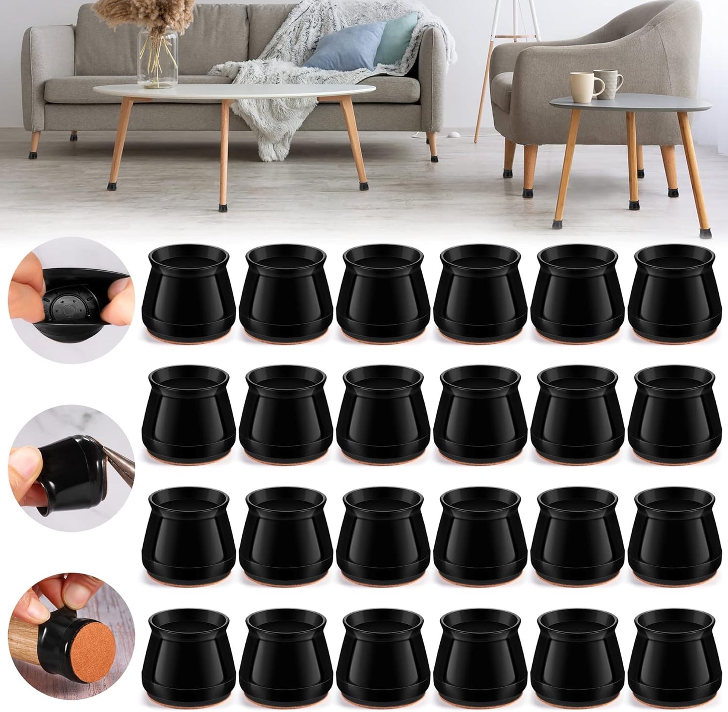 24PCS Upgraded Silicone Chair Leg Floor Protectors for Hardwood Floors, Furniture Sliders for Chair Legs, Felt Bottom Furniture Pads, Anti-Slip Round&Square Cap Covers to Scratch and Reduce Noise