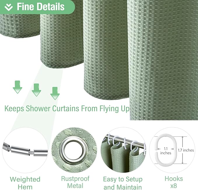 Dynamene Stall Fabric Shower Curtain - 48 inch Wide Waffle Weave Weighted Thick Cloth Shower Curtain for Bathroom, Neutral Heavy Duty Hotel Spa Luxury Bath Curtain Set with 8 Hook, 48x72, Sage Green