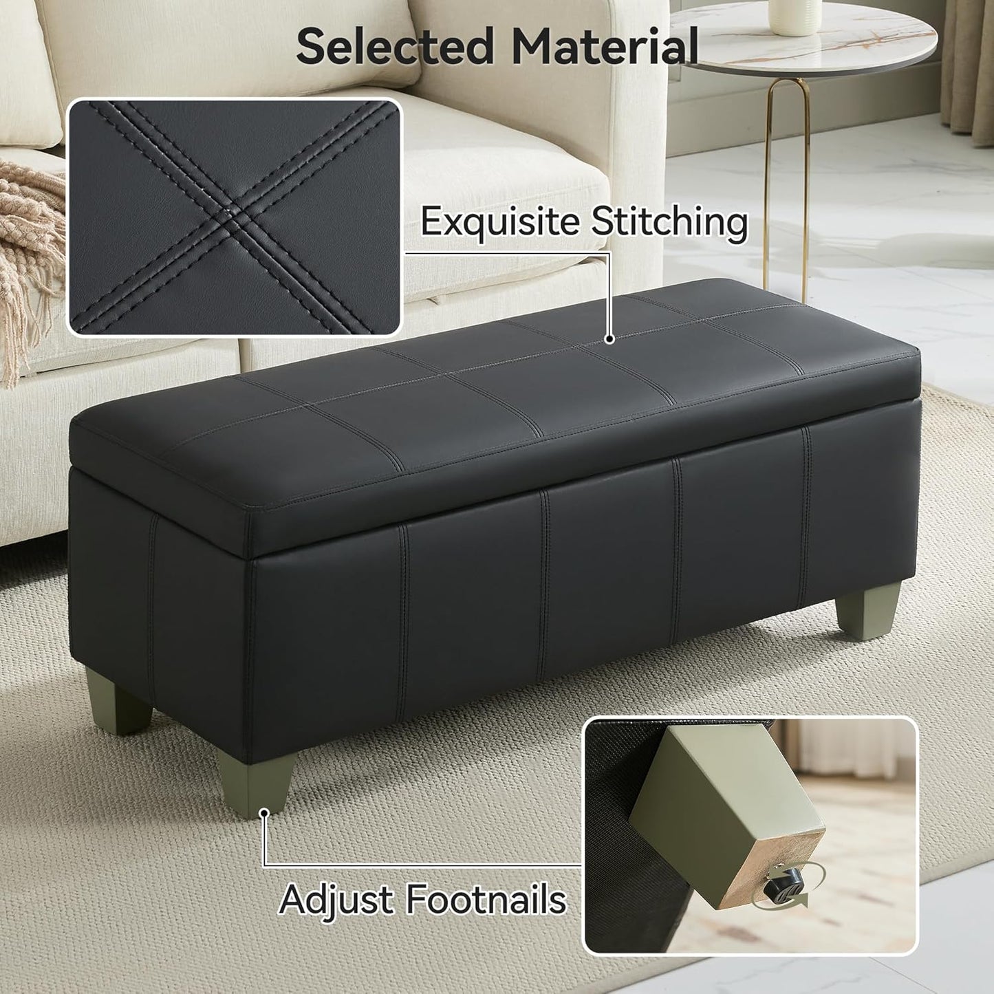 41" Faux Leather Storage Ottoman, Stitch Tufted Rectangle Upholstered End of Bed Storage Bench, Entryway Large Couch Ottoman with Wooden Legs, Dark Black