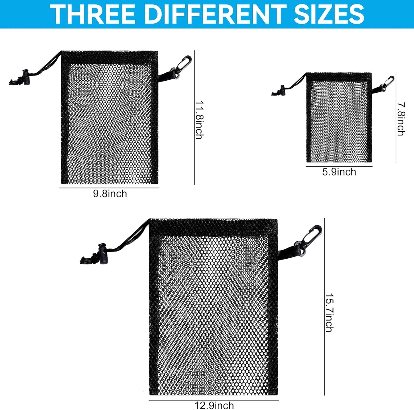 iMucci 12 Pieces Black Mesh Drawstring Bag with Clips, Nylon Drawstring Bags Pocket Foldable Beach Bag with Cord Lock for Swimming Collecting Toys Laundry Sports Gym Beach Travel