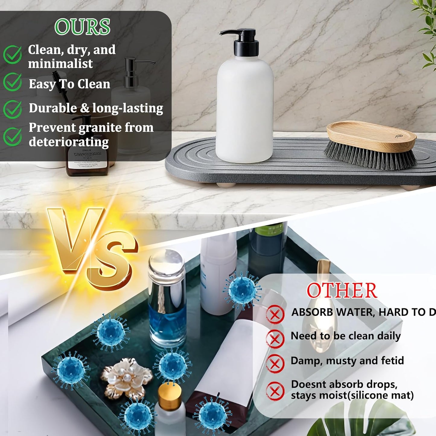 Instant Dry Sink Caddy Organizer, Fast Drying Sink Caddy, Water Absorbing Stone Sponge Holder for Kitchen and Bathroom Countertop with Natural Loofah and Wooden Feet