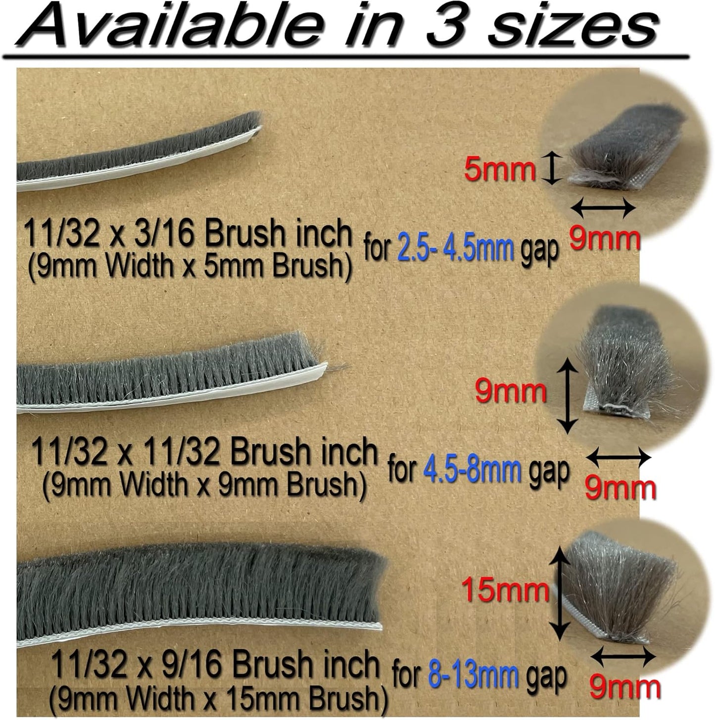 Window Weather Stripping Brush for Sliding Door Frame, Pile Self Adhesive Weather Strip Seal Strip Sealer Soundproofing (65ft x11/32 Backing x 3/16 Brush inch, Black)