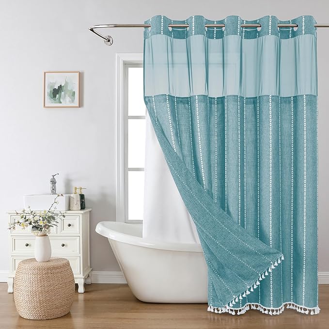 No Hook Extra Long Shower Curtain Set with Snap-in Liner,Linen Textured Thick Striped Fabric with Tassels,Boho Chic Modern Farmhouse Bathroom Curtain,Water-Repellent,Teal,71x86