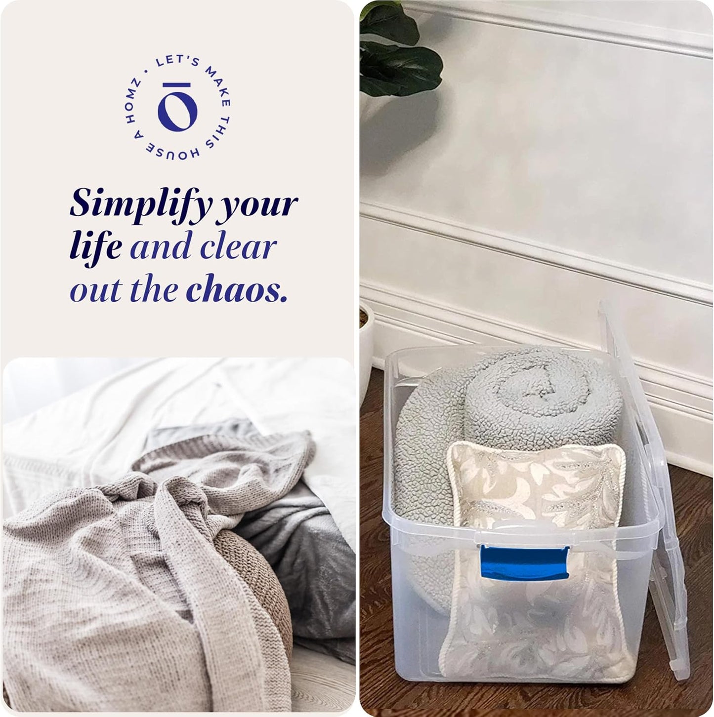 HOMZ 2-Pack Latching Lid, Large Clear Plastic Storage Bins with Lids, 66 Quart, Blue Latch - Stackable Container Boxes for Home, Bathroom, and Office Organization