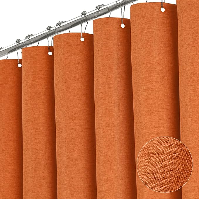 BTTN Extra Long Shower Curtain - 72x96 Inch Long Linen Textured Heavy Duty Fabric Shower Curtain Set with 12 Plastic Hooks, Tall Decorative Neutral Waterproof Shower Curtains for Bathroom, Orange
