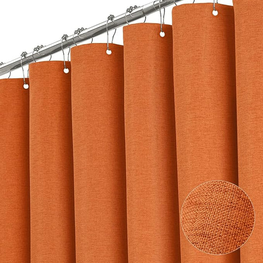 BTTN Extra Long Shower Curtain - 72x96 Inch Long Linen Textured Heavy Duty Fabric Shower Curtain Set with 12 Plastic Hooks, Tall Decorative Neutral Waterproof Shower Curtains for Bathroom, Orange