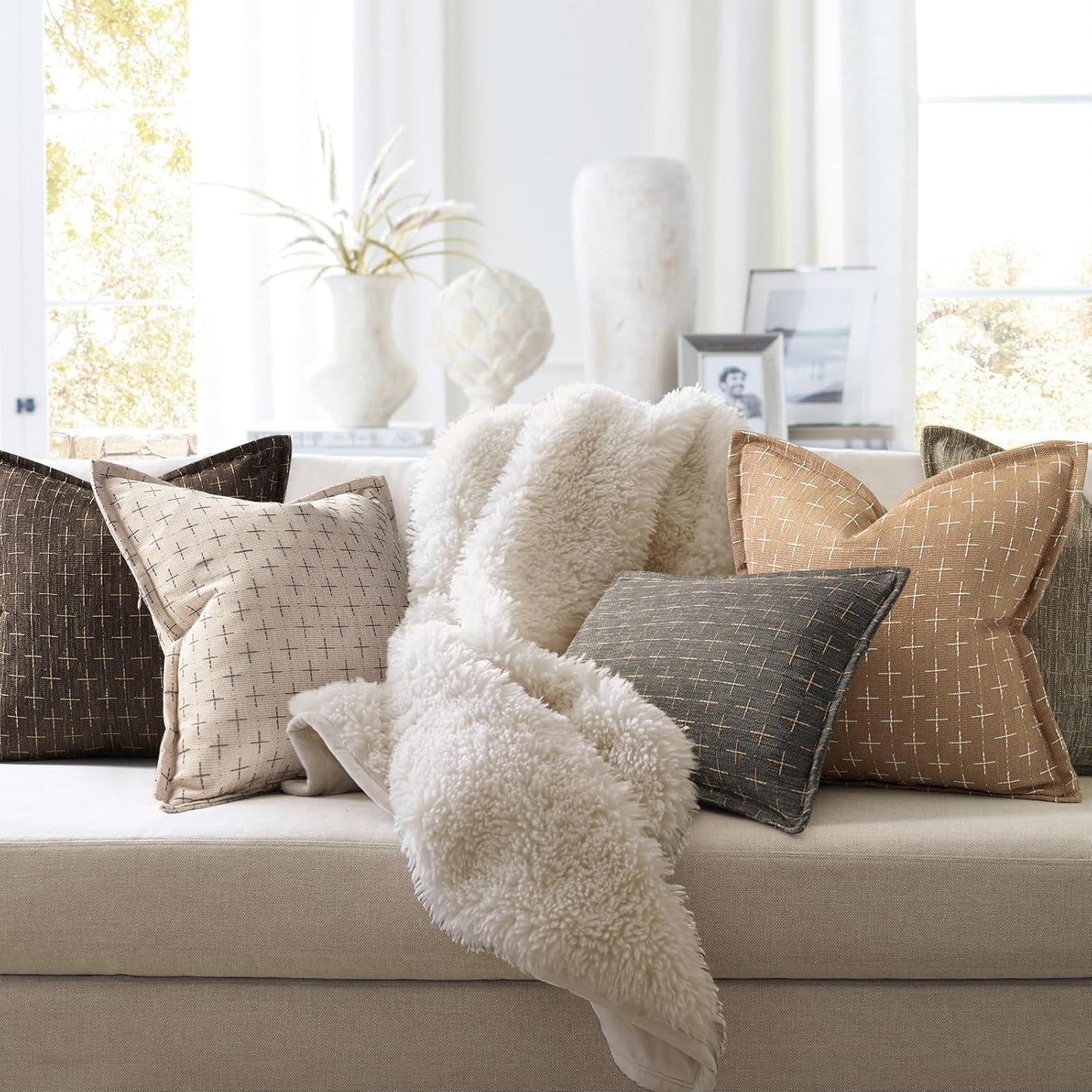 ZWJD Throw Pillow Pillow Covers 20x20 Set of 2 Soft Polyester Textured Pillow Covers with Stylish Flange Edge Cozy Farmhouse Throw Pillows for Couch Bed Sofa Living Room