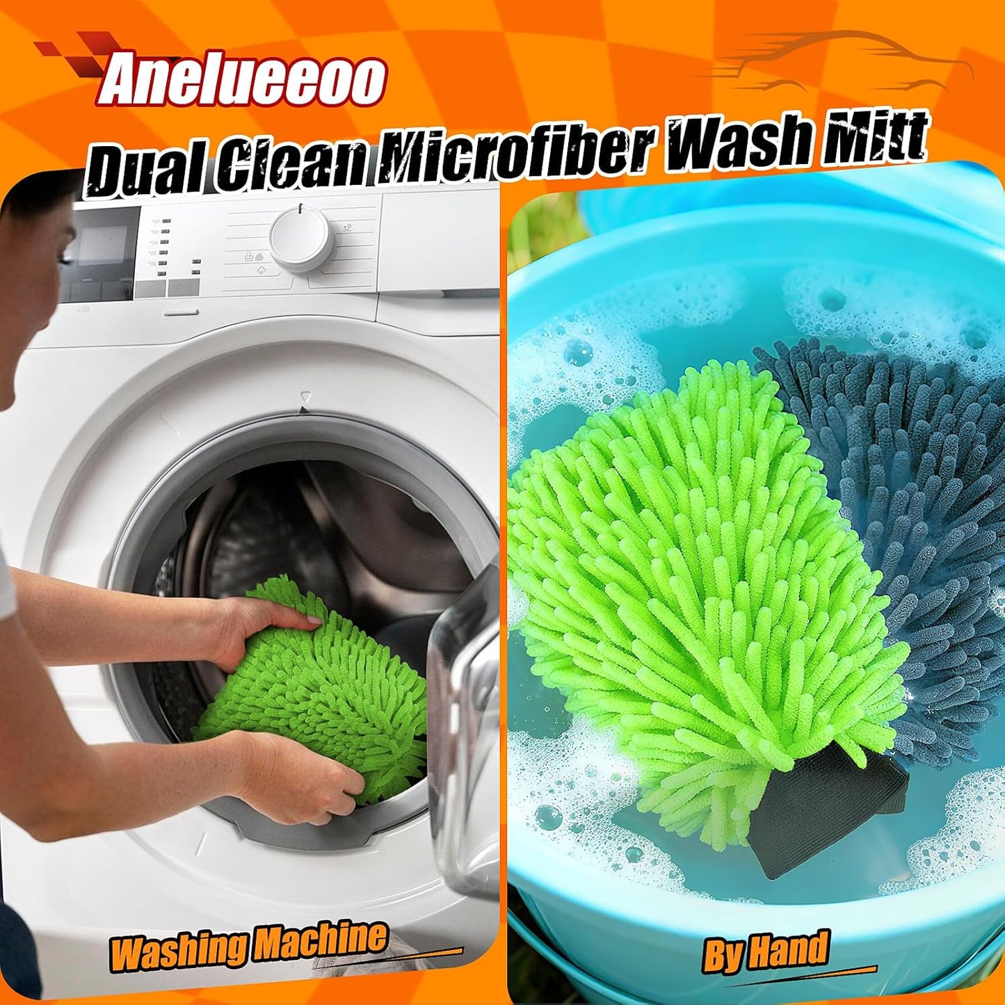 Car Wash Mitt Microfiber, Premium Chenille Microfiber Wash Car Mitts Sponge Scratch Free & Lint-Free, Mitts Waterproof Lining 4 Pack Green (8''X12'')
