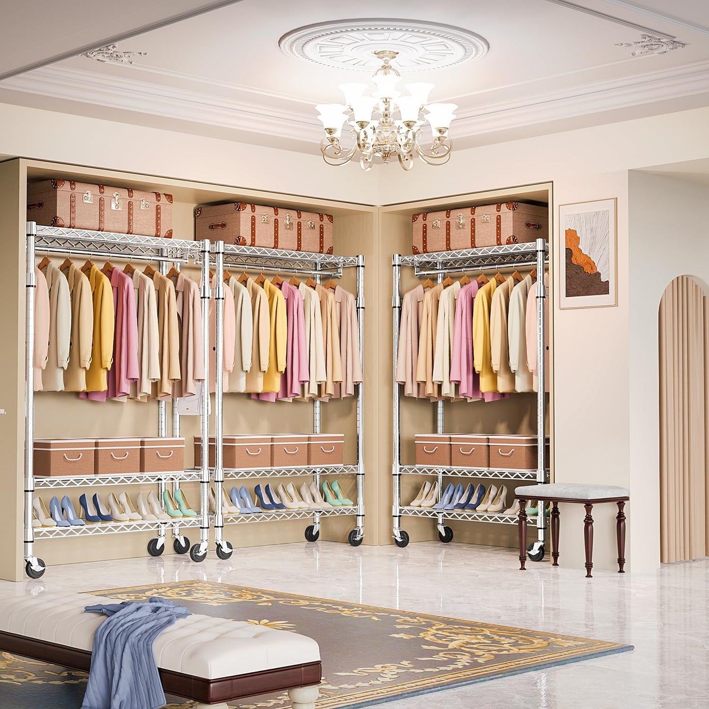 Heavy Duty Rolling Garment Rack 3 Tiers Adjustable Wire Shelving Clothes Rack with Rods and Side Hooks,Storage Closet Clothing Rack with Wheels Chrome 17.7" D x 47.2" W x 83.6" H