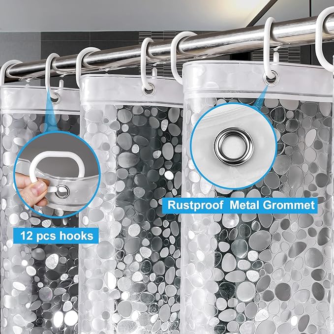 UFRIDAY 72x75 Inch Shower Curtain Liner,EVA Waterproof Heavy Duty Shower Liner with 3 Big Weighted Magnets,Clear 3D Pebbles Bath Curtain for Home and Hotel