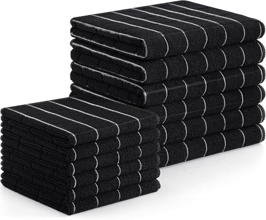 Homaxy Microfiber Kitchen Towels and Dishcloths Set, 12 Pack Soft and Absorbent Dish Hand Towels Bulk, 28 x 16 Inch & 12 x 12 Inch Quick Drying Rags for Washing Dishes, Black