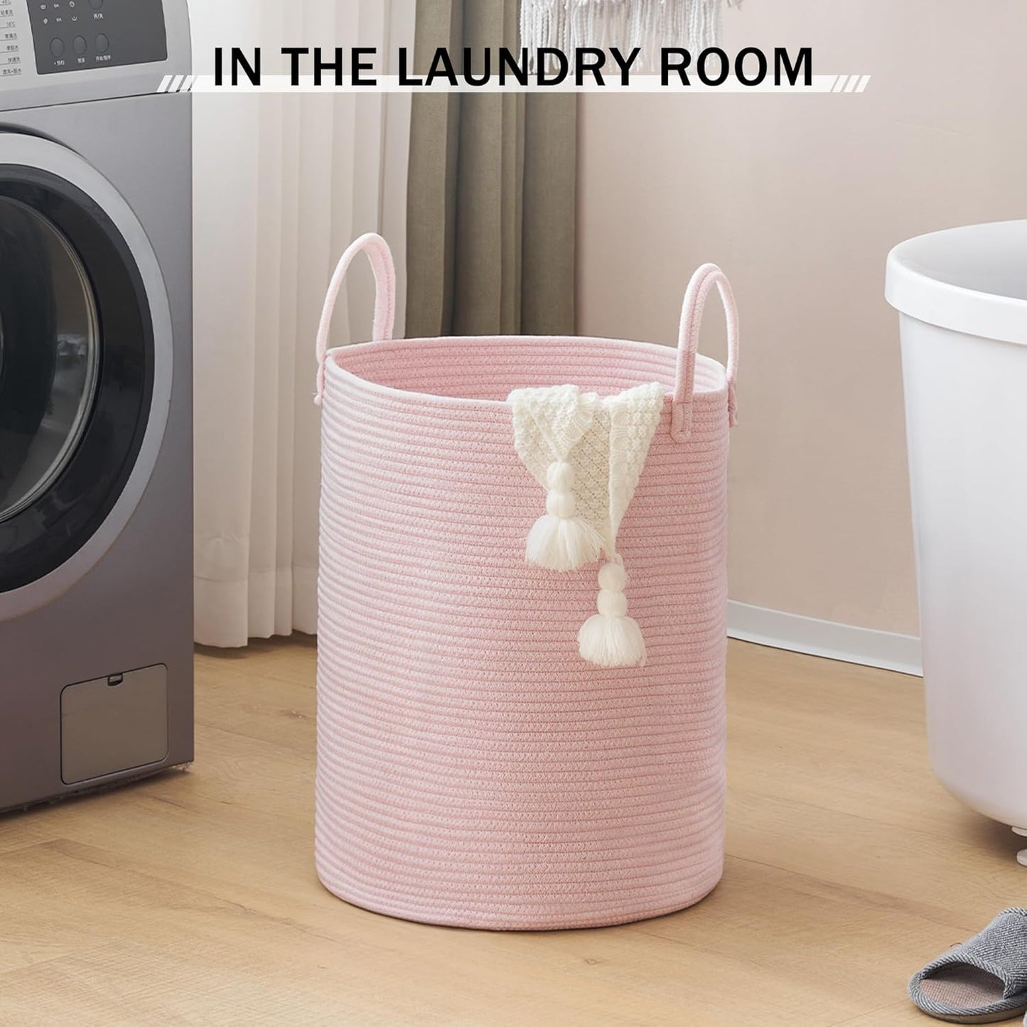 YOUDENOVA Woven Rope Laundry Hamper, 58L Tall Luandry Basket, Baby Nursery Hamper for Blanket Storage in Bedroom-Large-Pink