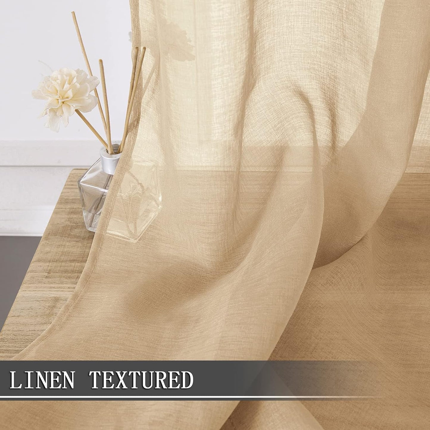 Tollpiz Sheer Curtains Linen Textured Bedroom Curtain Sheers Light Filtering Rod Pocket Voile Curtains for Living Room, 54 x 84 inches Long, Beige, Set of 2 Panels