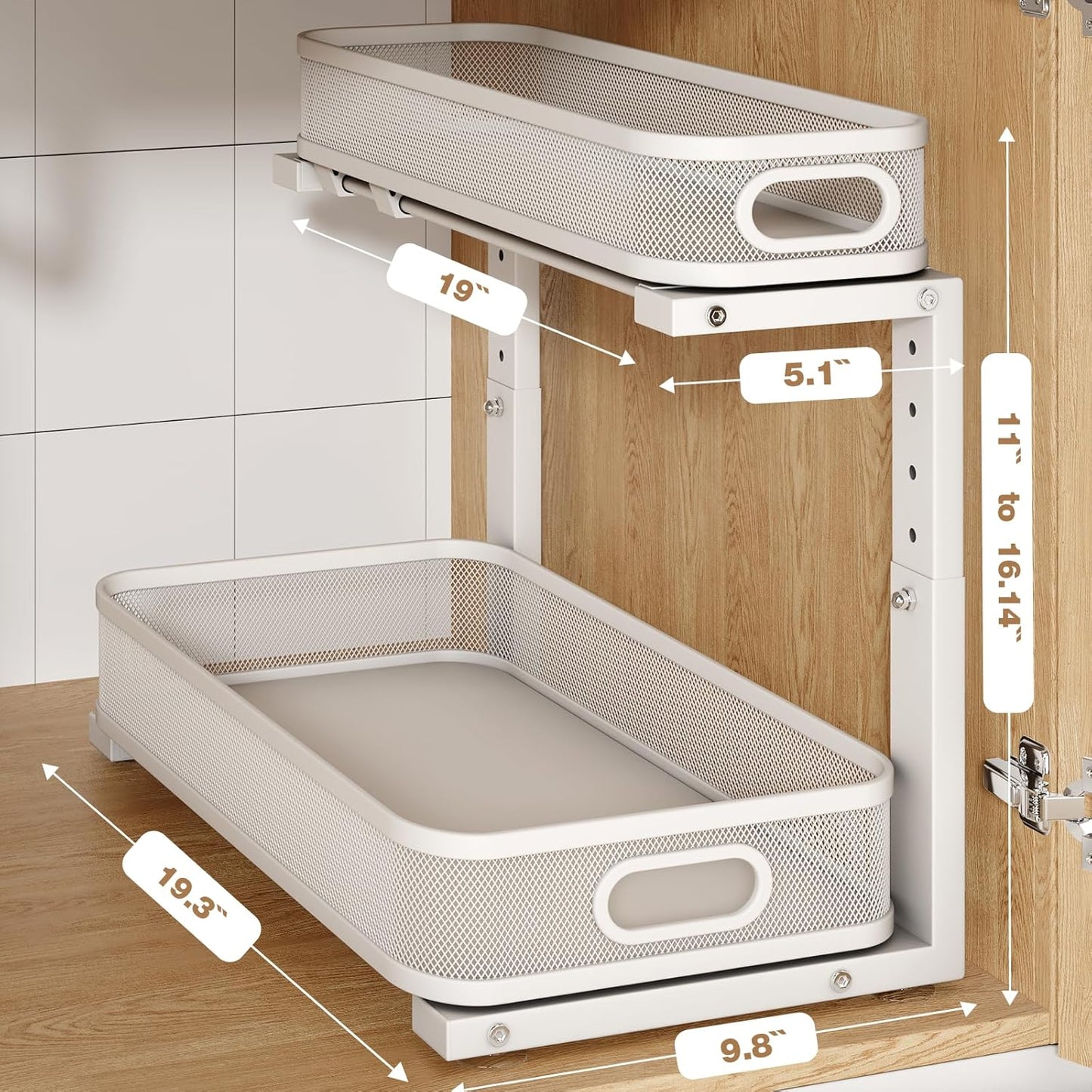 2 Pack 19.3IN-Depth Under Sink Organizer with Smooth Cylindrical Rail,2-Tier Pull Out Multi-Purpose Cabinet Storage for Bathroom&Kitchen,Height Adjustable,Rust-Resistant Coating-White