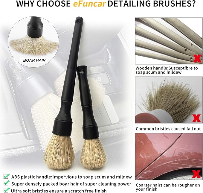 Car Detailing Brush Kit - Auto Detail Brush Set Interior Exterior No Scratch Boar Hair Detailing Supplies for Cleaning Air Vent Engine Bay Dashboard Seat Wheel(2 Pack)