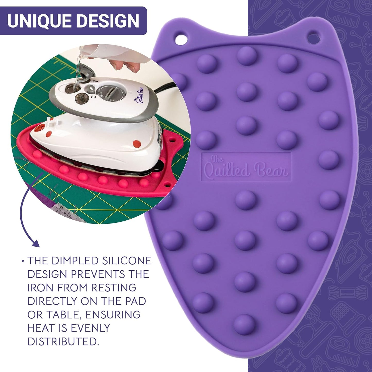 The Quilted Bear Mini Iron Rest - Silicone Heat Resistant Mat for Stress-Free Crafting, Sewing & Quilting Supplies - Durable and Protective Surface for Mini Iron (Purple)