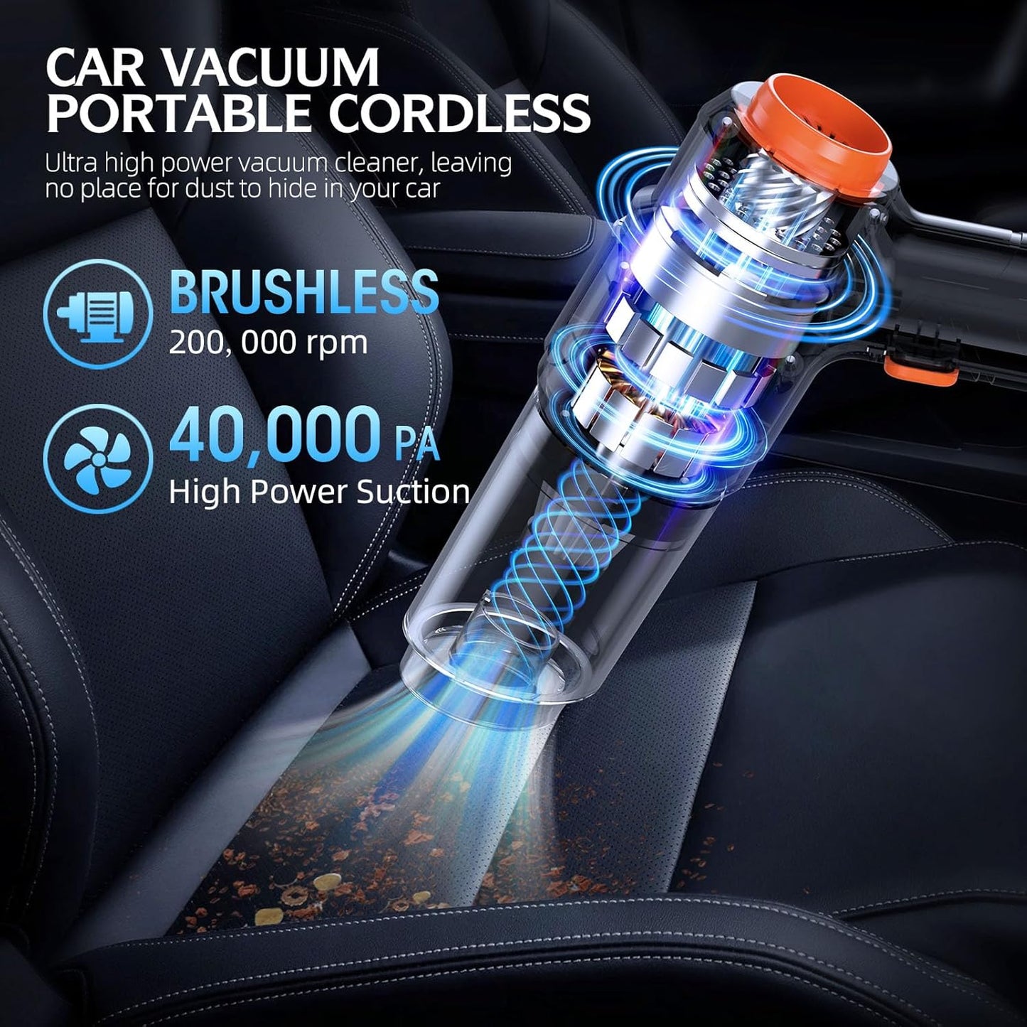 Car Vacuum Portable Cordless, 40,000Pa High Power Dust Buster, 6-in-1 Handheld Vacuum Cleaners for Home, Car, Pet Hair, Keyboard, Black