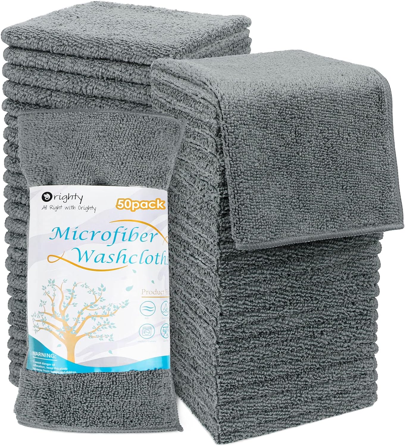 Orighty Washcloths Bulk Towel Sets 50 Pack, Highly Absorbent and Super Soft Microfiber Fingertip Towels, Multi-Purpose Wash Cloths for Bathroom, Hotel, Gym, and SPA, 12x12 Inch, Grey
