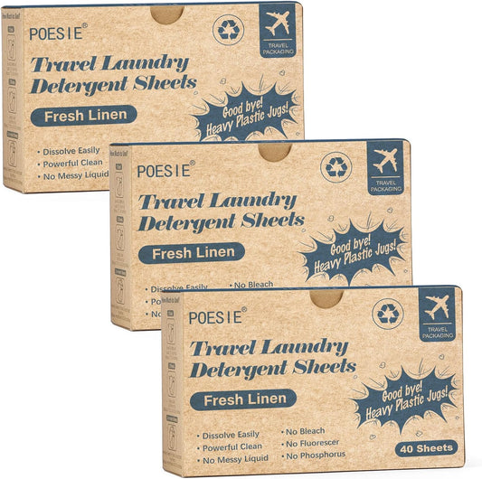 Poesie Travel Laundry Detergent Sheets 120 Sheets Liquidless Clothes Washing Strips Fresh Linen Scent (3 Pack 40 Count)