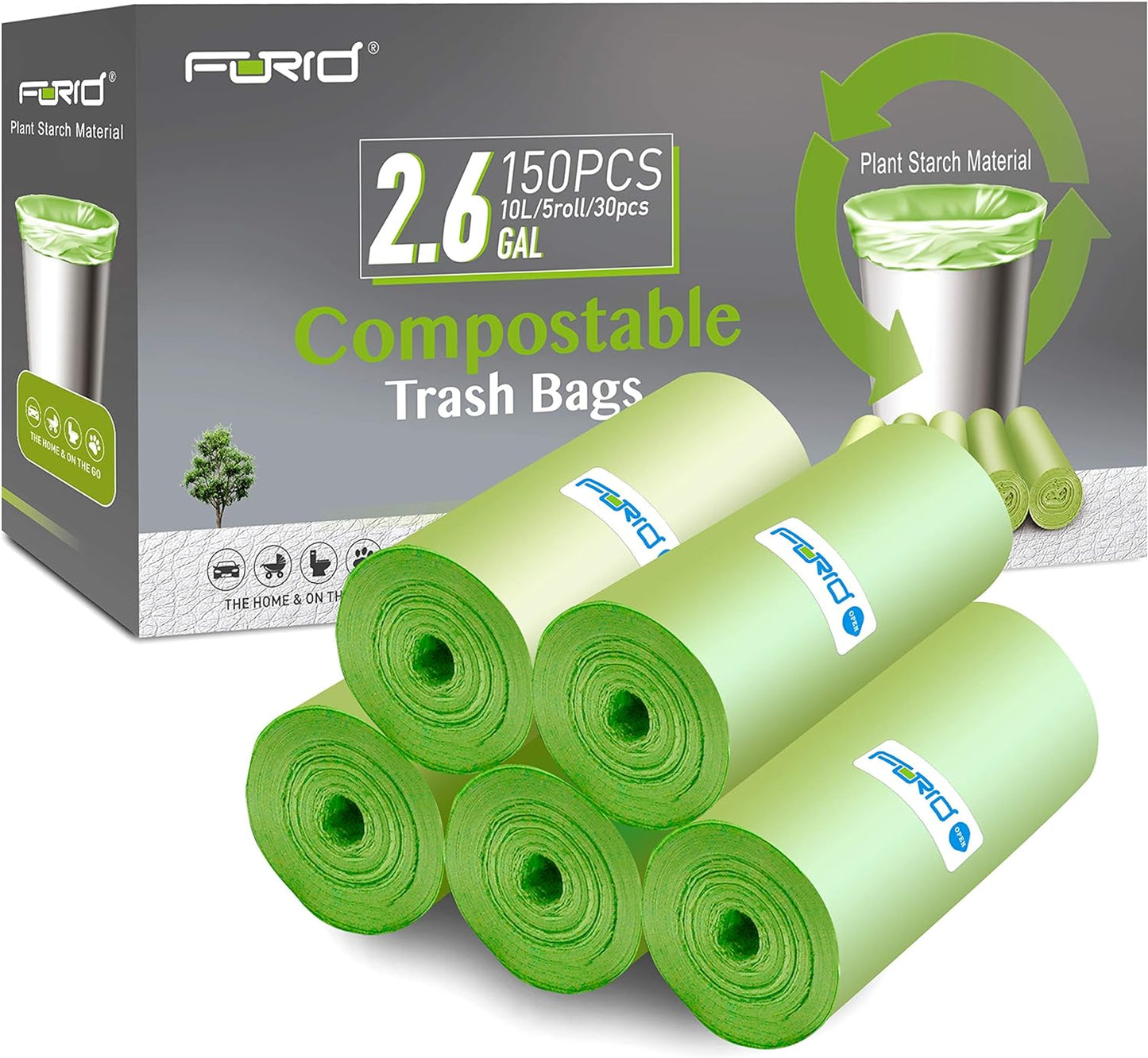 FORID 2.6 Gallon Compostable Garbage Bags, 150 Count, 5 Rolls – Green, Small, Durable, Thick, Unscented Trash Bags, 10 Liter - For Kitchen, Bathroom, Home, Office