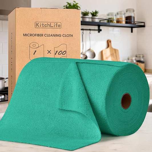 KitchLife Microfiber Cleaning Cloth Roll, 100 Pack - Tear-Away Microfiber Paper Towels, Lint-Free, Reusable, Washable for Kitchen, Car, Dishes, and Sensitive Surfaces (Forest Green)