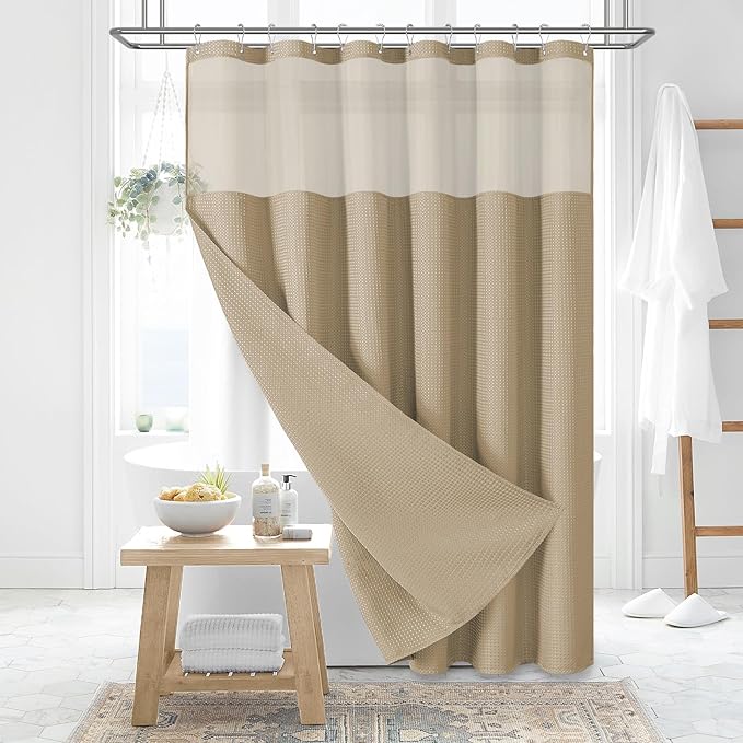 Dynamene 78 Inch Long Shower Curtain, Tall Waffle Fabric Shower Curtains for Bathroom, Hotel Waterproof Cloth Shower Curtain Liner Set with Hooks, Snap in Liner, Mesh Top Window, Beige, 72x78