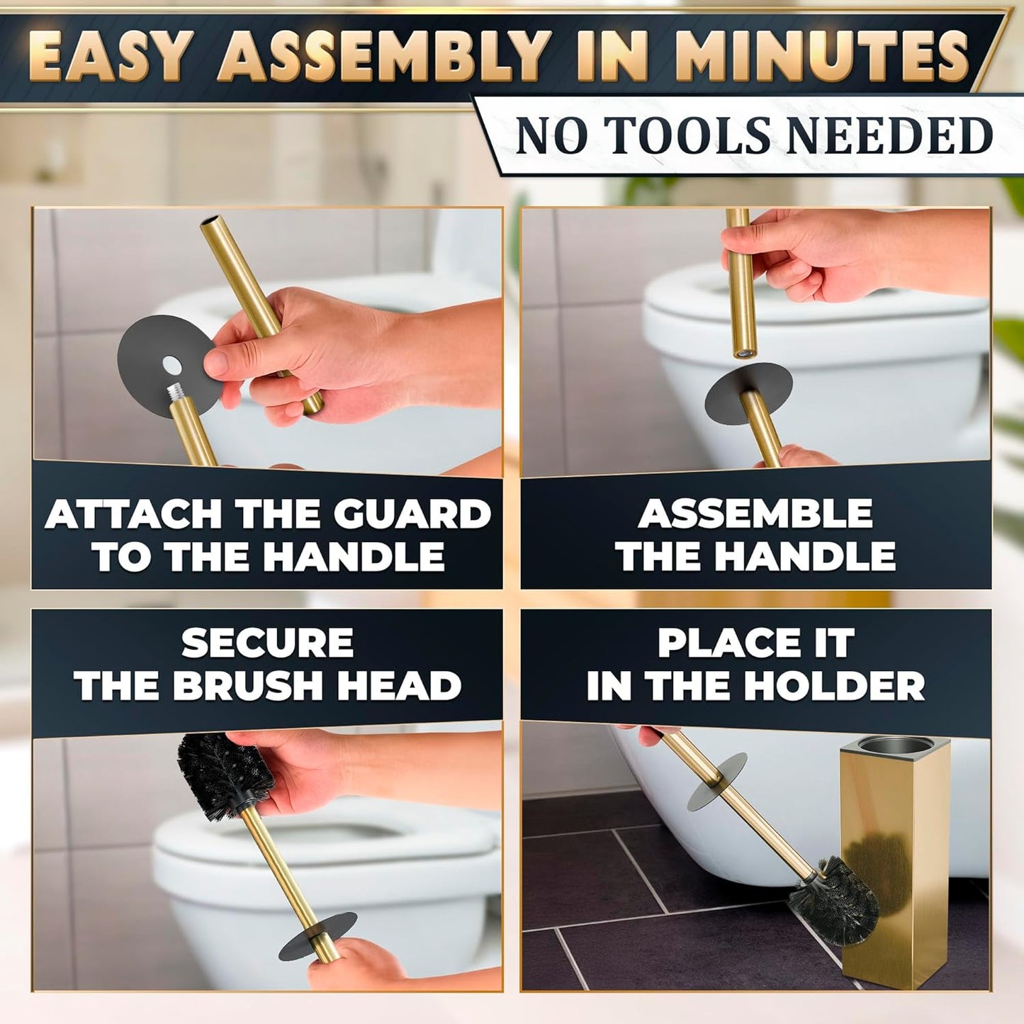 Stainless Steel Toilet Brush and Holder Set Gold & Square Design - Corrosion and Scratch-Resistant Gold Toilet Brush and Holder Set with Splash Protection - for Deep & Effective Bathroom Cleaning