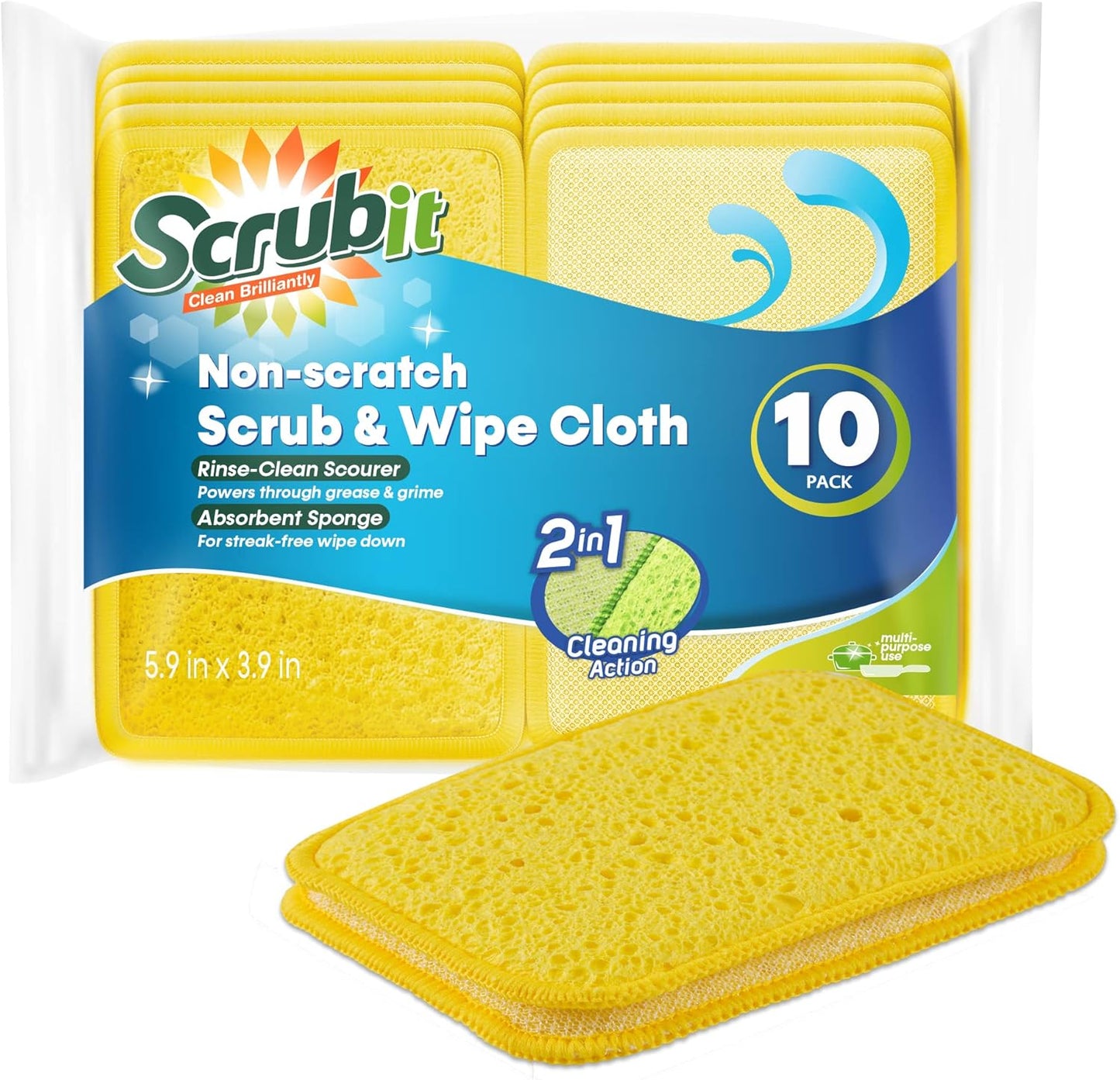 Scrub and Wipe Cleaning Pads [10 Pack] – SCRUBIT Dual Sided Scouring Pad and Sponge - Reusable Kitchen Scrubbing Sponges for Dishes, Pots, Pans Utensils & Non-Stick Cookware (Yellow)