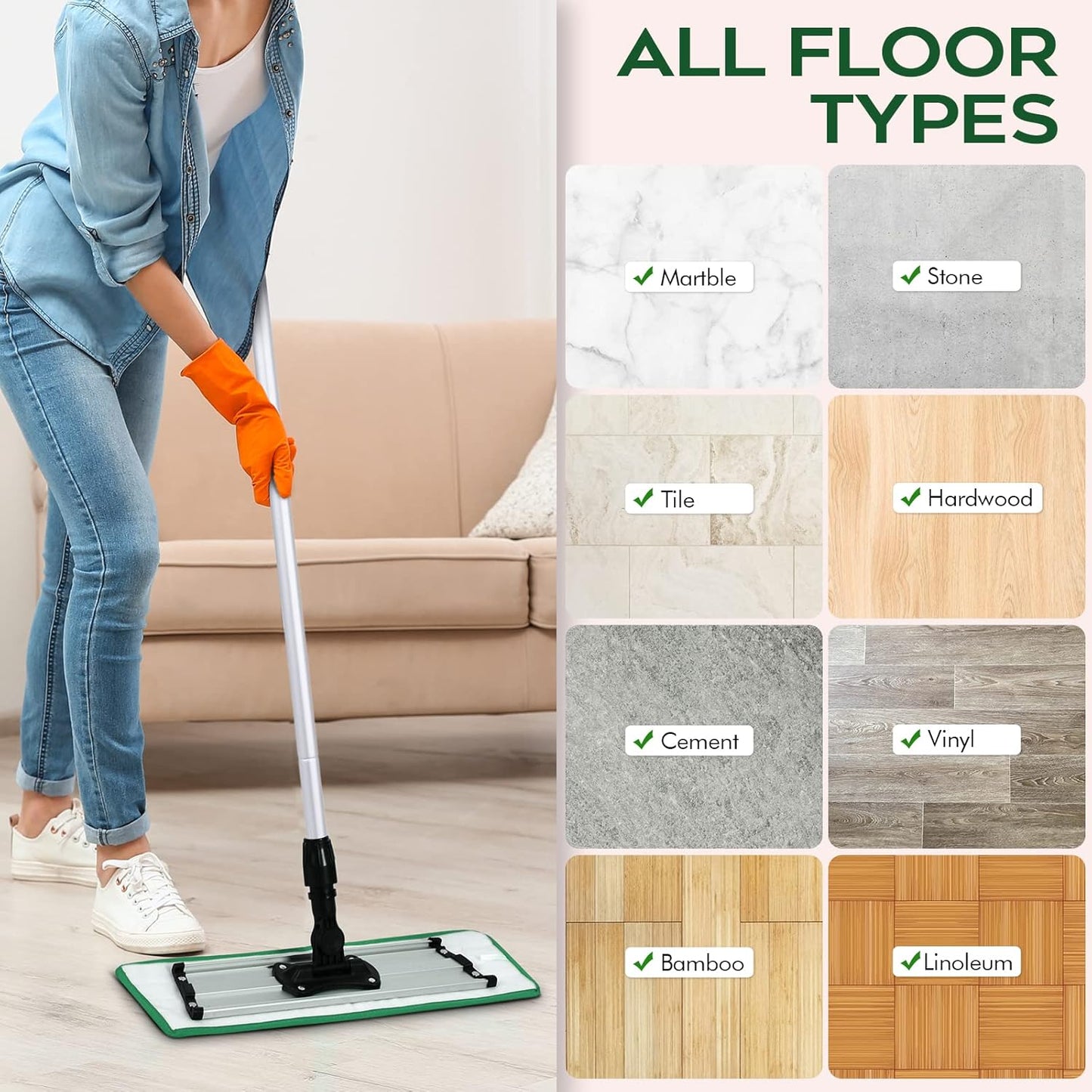 Matthew 18'' 36 Pcs Microfiber Mop Replacement Pads for Wet Dry Multi-Surface Floors Reusable Home Commercial Cleaning Refills,Machine Washable Compatible with Bona Mop&Any Microfiber Flat Mop Green