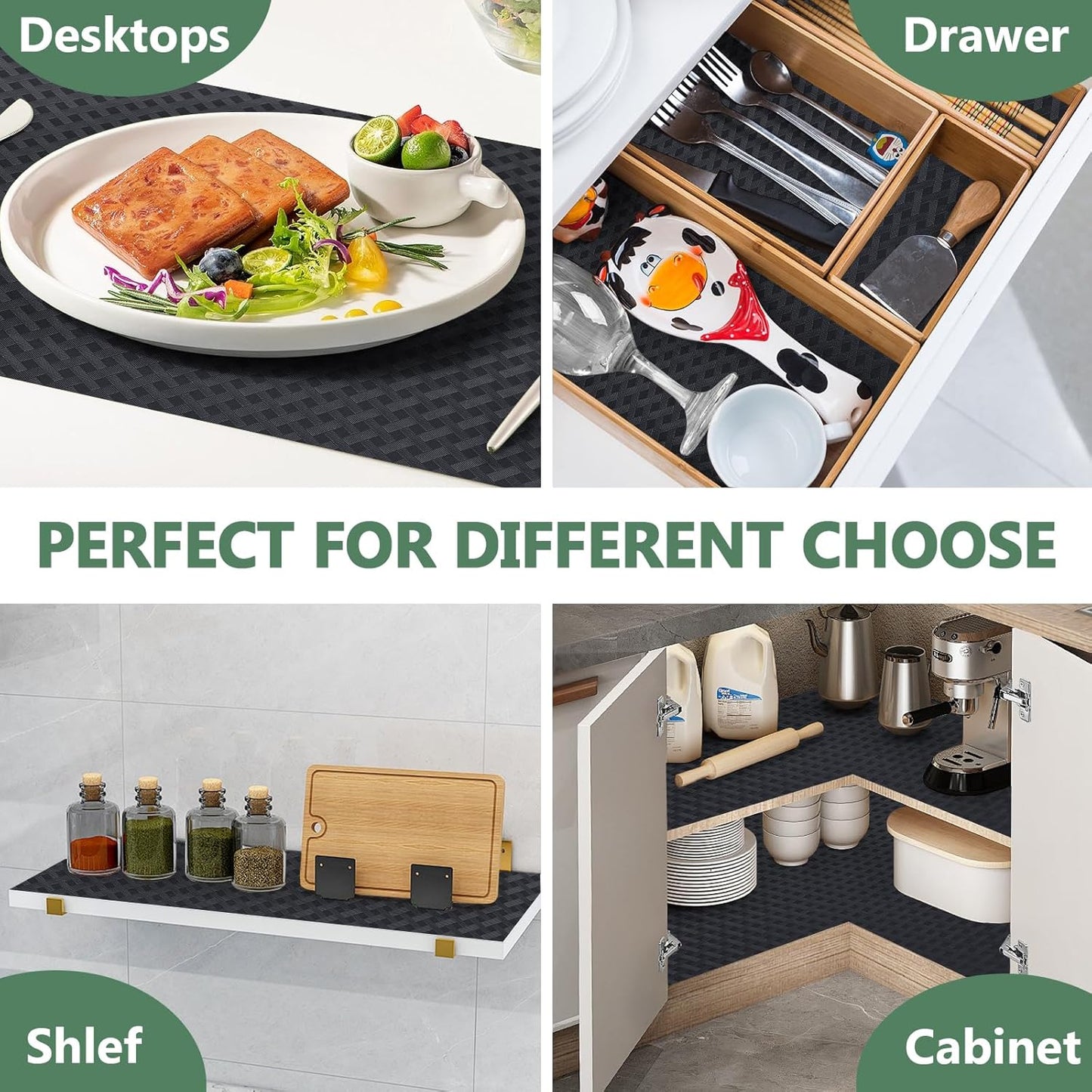 Shelf Liners, Non-Adhesive Drawer Liner, Waterproof & Oil-Proof Kitchen Cabinet Cupboard Liner Plastic EVA Material BPA Free Fridge Liner Mats Paper Protector for Shelves (Black/12in x 240in)