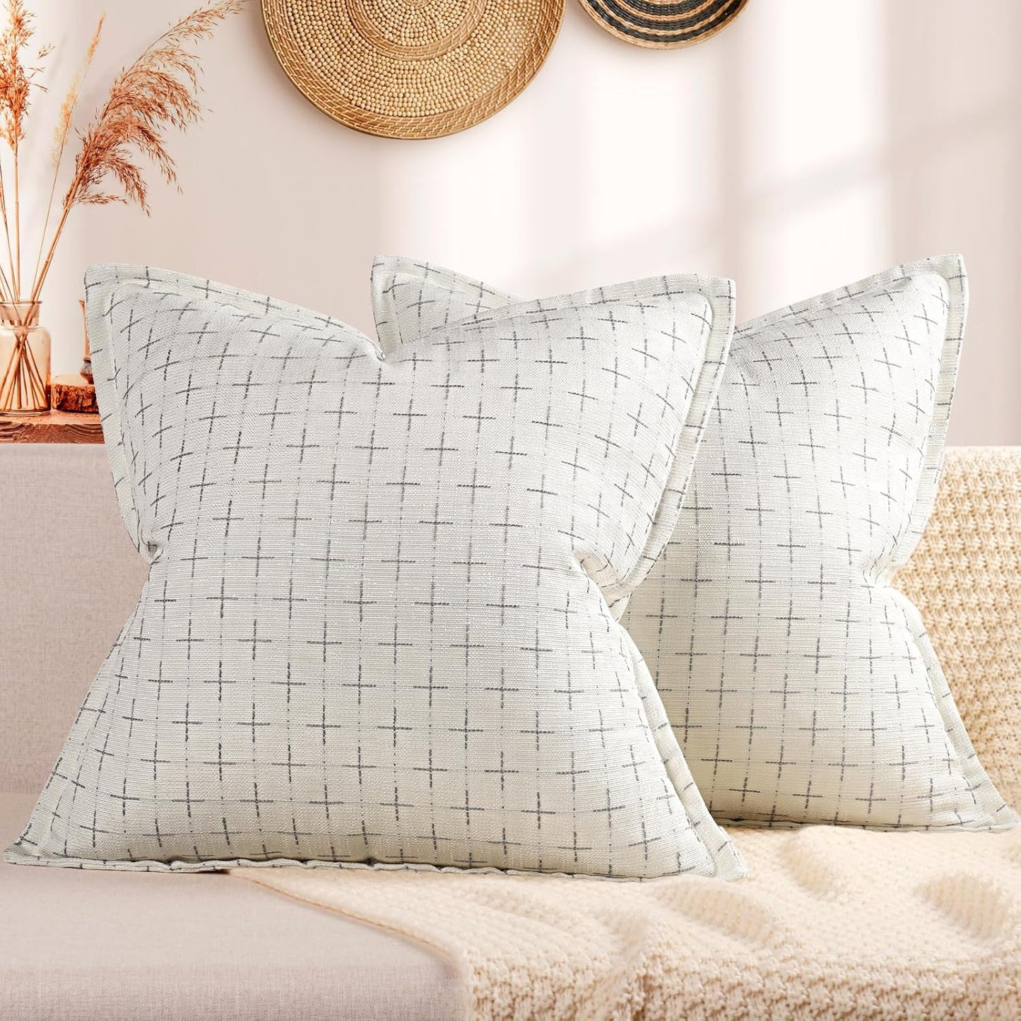 ZWJD Pillow Covers 16x16 Set of 2 Soft Polyester Textured Pillow Covers with Stylish Flange Edge Cozy Farmhouse Throw Pillows for Couch Bed Sofa Living Room