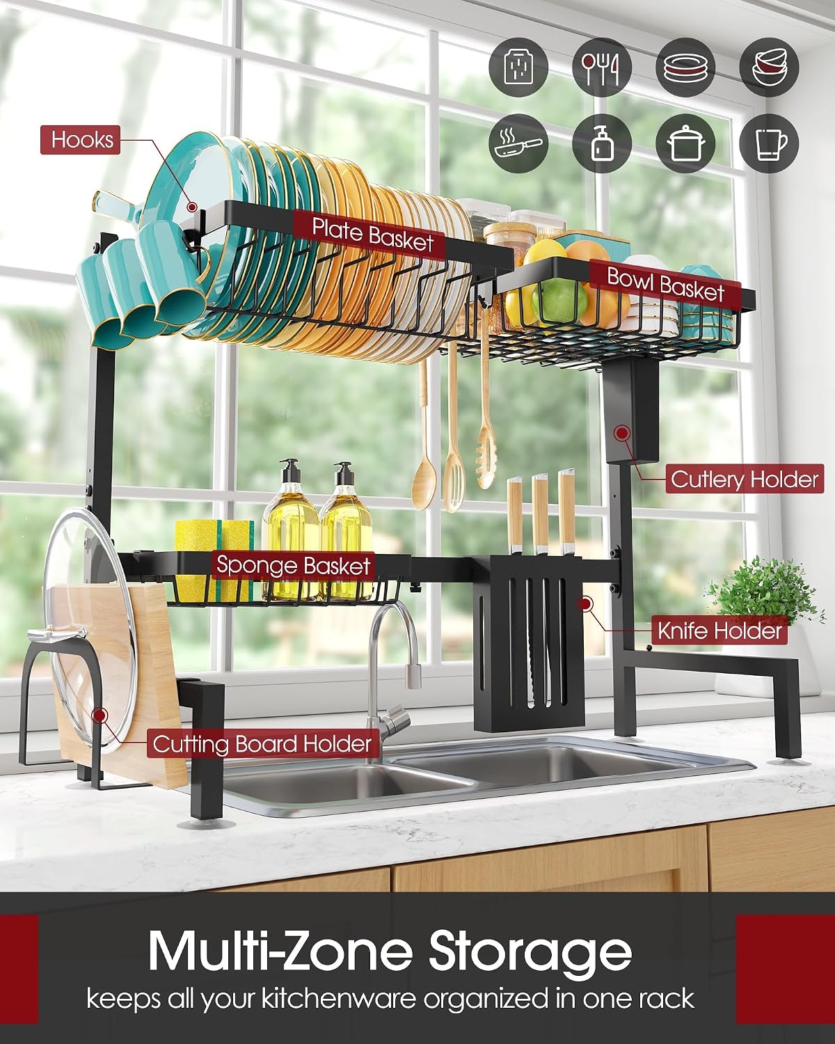 Over The Sink Dish Drying Rack - Adjustable 2 Tier Large Capacity Stainless Steel Drainer with Cutlery & Utensil Holders, Kitchen Storage & Organization, 30"-33.9" L x 11" W x 21.5" H, Black