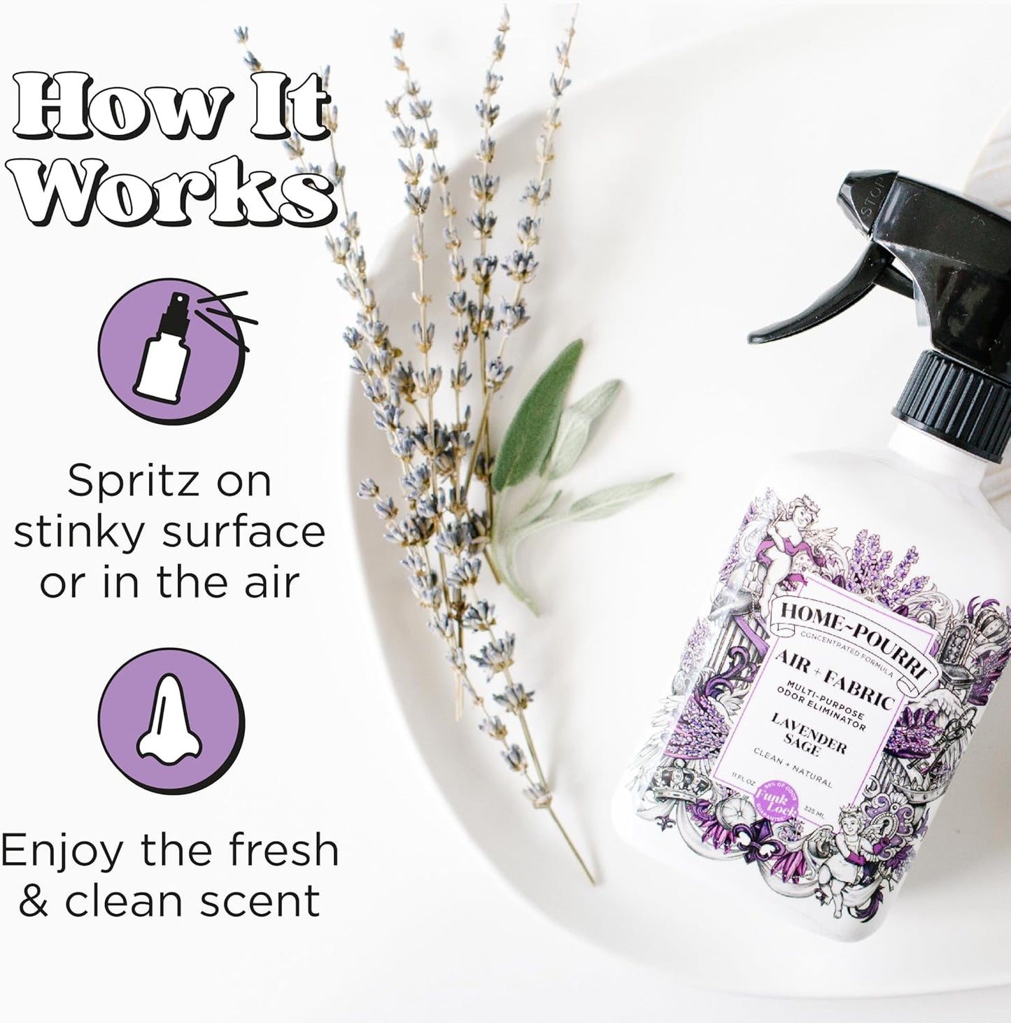 Home-Pourri Air + Fabric Multi-Purpose Odor Freshener Spray, 11 Fl Oz, Up to 570 Uses, Lavender Sage Scent, Room Deodorizer with Essential Oils, for Carpets, Couches, Bedding & Curtains