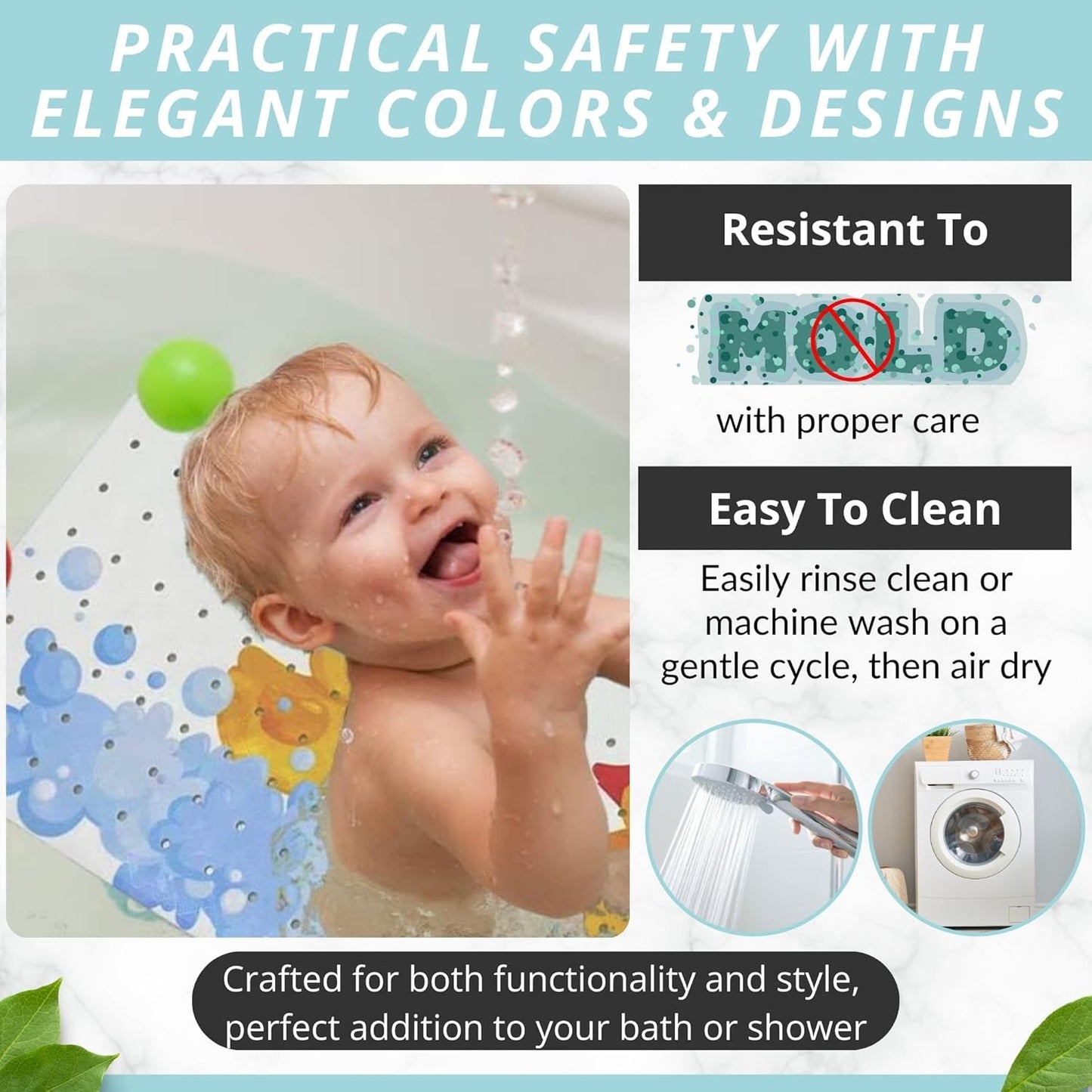 ENKOSI Kids Bath Mat 40x16 – Non-Slip Tub Bathmat Duck Print with Suction Cups & Drain Holes for Safe, Fun Bathtub Bath Time for Toddlers (40x16 Duck)