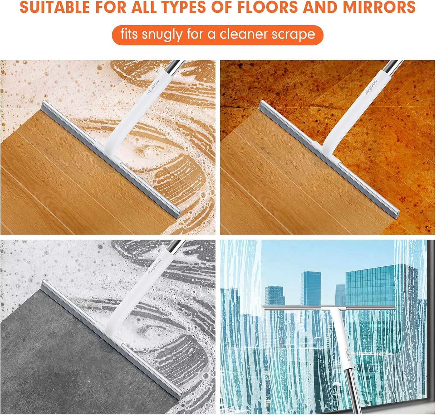 Rubber Floor Squeegee for Smooth Surface Concrete Floor, Tile Floor, Heavy Duty Garage Shower Floor Squeegee Broom for Removing Water, Commercial Scrubber Mop with Adjustable Long Handle