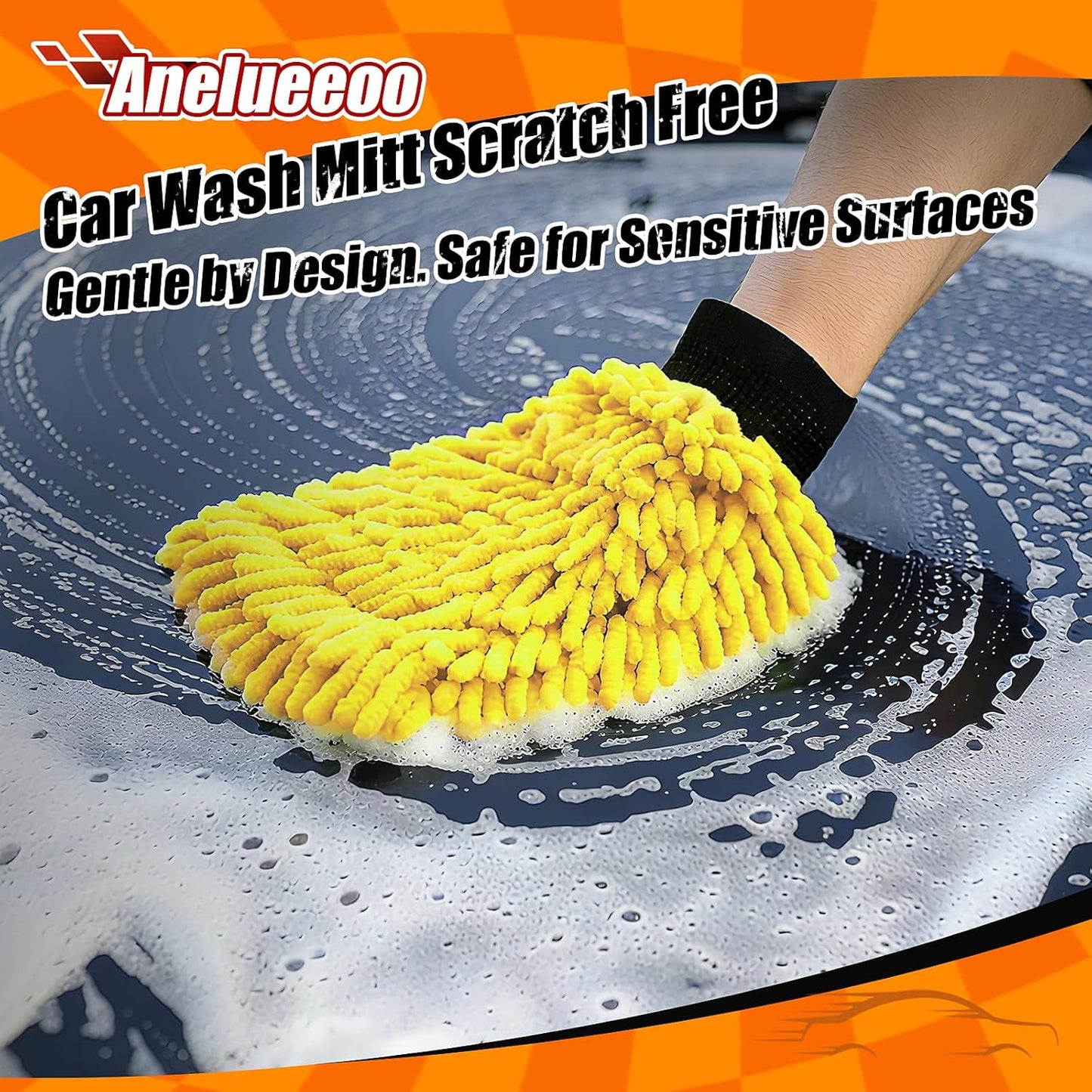 Car Wash Mitt Microfiber, Premium Chenille Microfiber Wash Car Mitts Sponge Scratch Free & Lint-Free, Mitts Waterproof Lining 4 Pack Yellow (8''X12'')