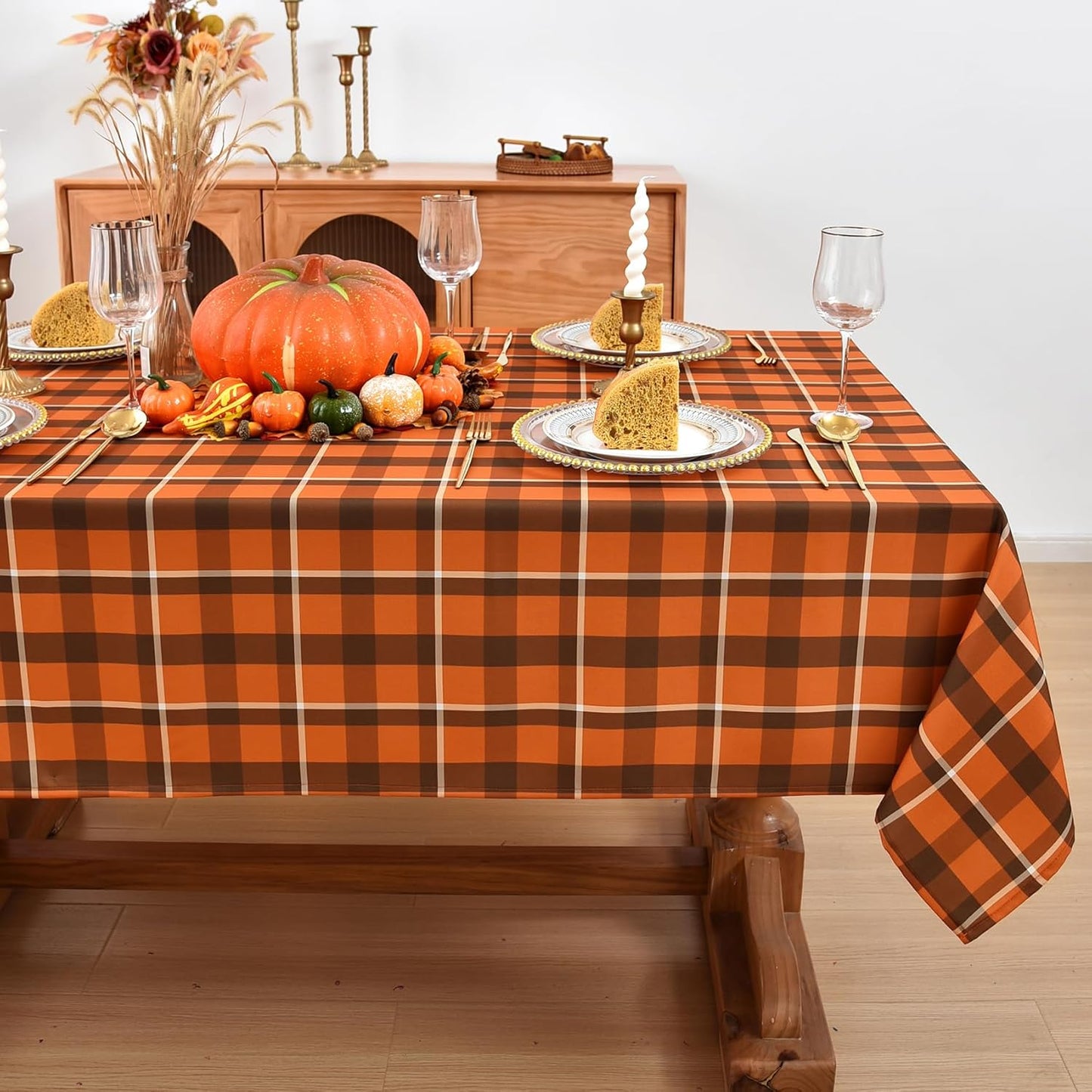 Gingham Tablecloth Fabric - Oblong 58x120 Water Resistant Autumn Plaid Table Cloth for Indoor/Outdoor Use - Fall Tabletop Cover for Halloween, Picnics, Gardens, and Thanksgiving Day