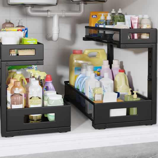 2 Pack 17IN Depth Under Sink Storage Organizer, Large 2-Tier Elegant Mesh Pull Out Shelf for Kitchen and Bathroom Cabinet Organization, L-Shaped and Adjustable Height Design-Black