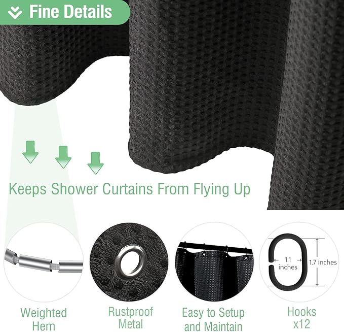 Dynamene Long Black Fabric Shower Curtain - Waffle Textured Tall Heavy Duty Cloth Shower Curtains for Bathroom, 256GSM Large Hotel Spa Luxury Bath Curtain Set with 12 Plastic Hooks(72Wx78H, Black)