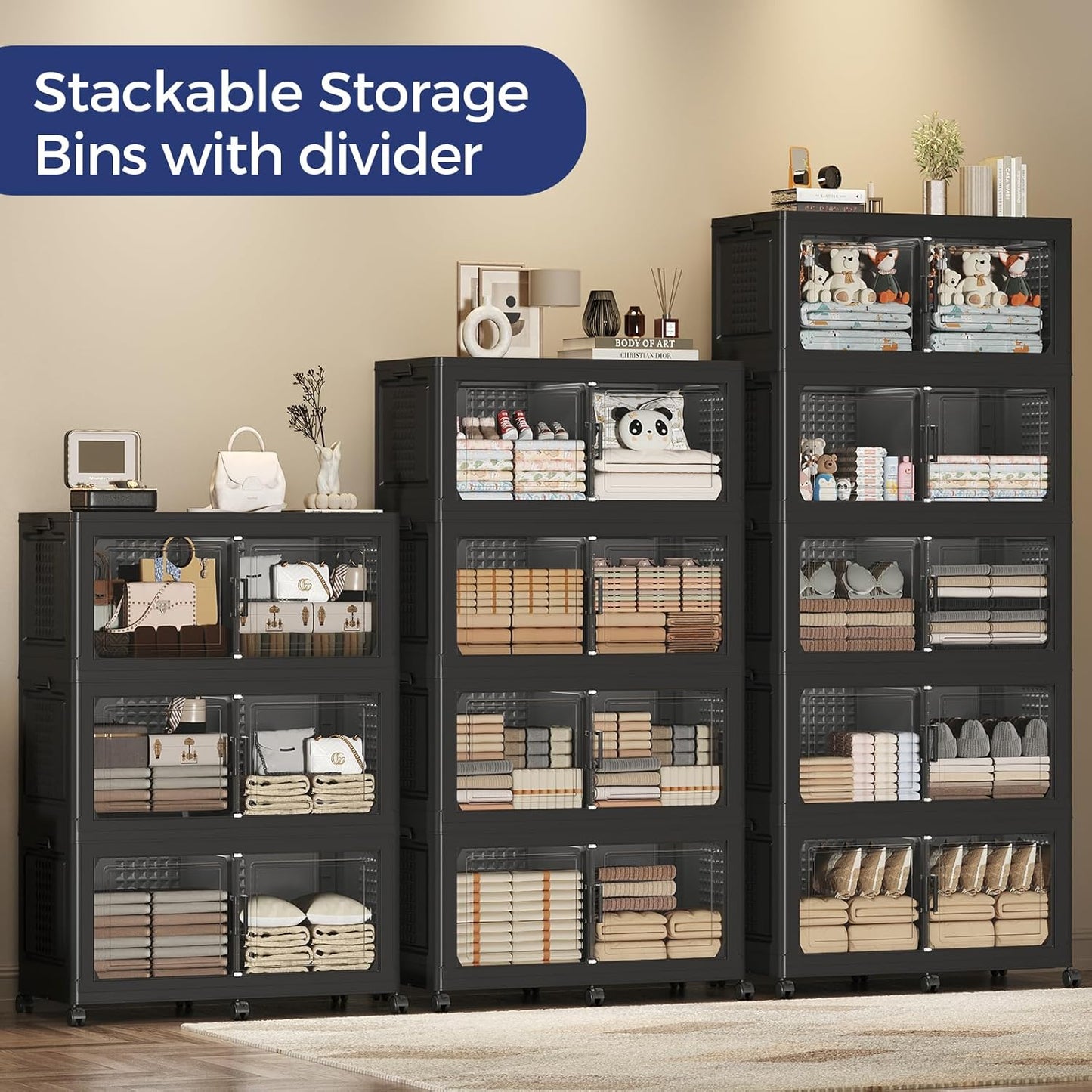 150GAL Extra Large Storage Bins with Lid, 600Qt Stackable Closet Organizers and Drawers, Collapsible Storage Bins with Wheels, Folding Storages Cabinet for Home Bedroom Office, 3Pack Black