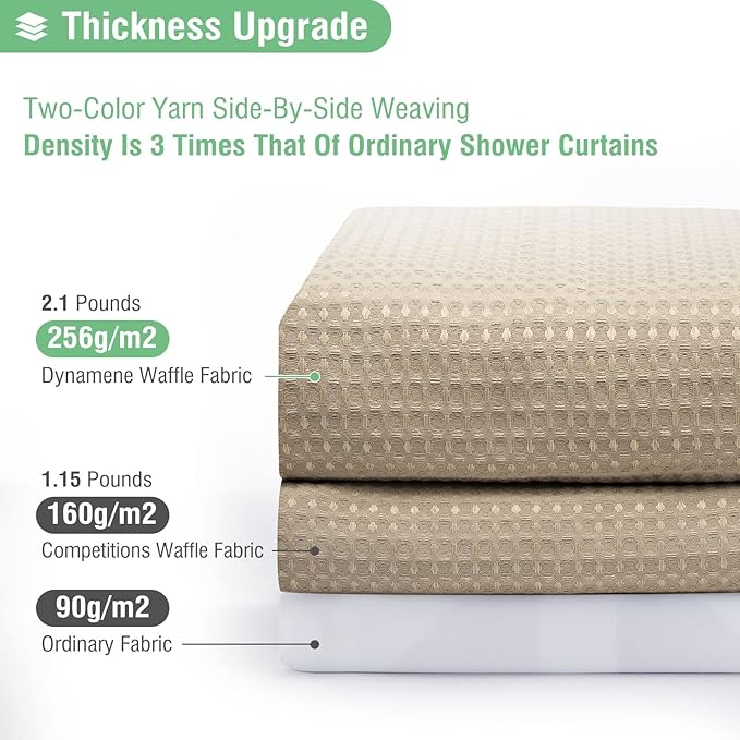 Dynamene Extra Long Fabric Shower Curtain - Waffle Weave 90 Inches Long Heavy Duty Cloth Shower Curtains for Bathroom, 256GSM Tall Hotel Luxury Bath Curtain Set with 12 Plastic Hooks, Beige/Khaki