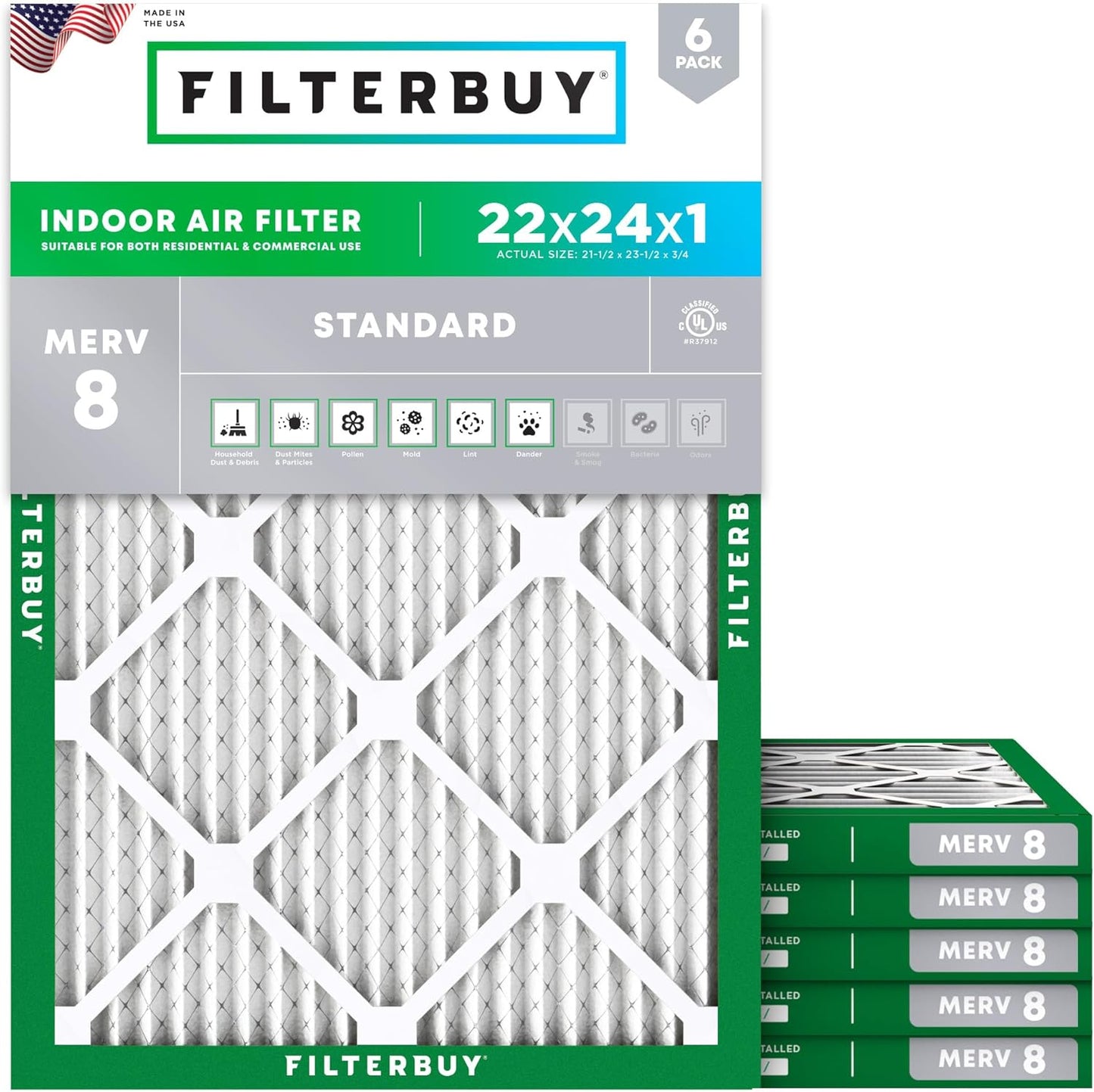 Filterbuy 22x24x1 Air Filter MERV 8 (MPR 700) Dust Defense Replacement (6-Pack), Electrostatic Pleated HVAC AC Furnace Filters, Made in USA (Actual Size: 21.50 x 23.50 x 0.75)