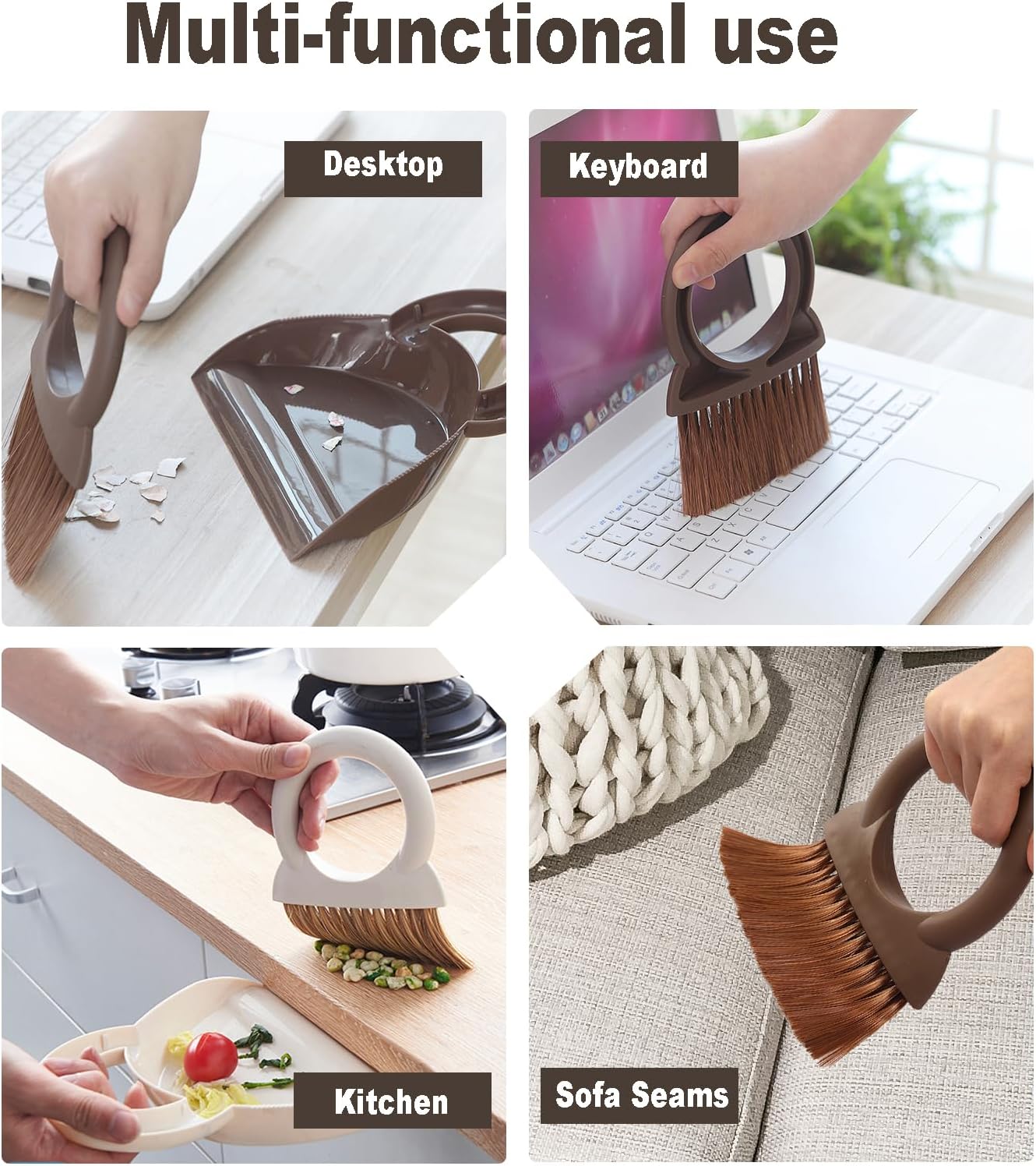 Round Handle Brush and Dustpan Set Small Broom & Dustpan Portable Handheld Sweeper for Desktop Sofa Floor Pet Nest (Coffee)