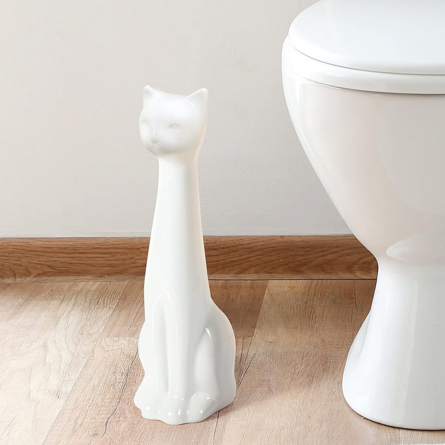 Allure Home Creation Cat 3-Piece Ceramic Toilet Brush Holder & Soap Dispenser - White Plastic Scrub Brush Included