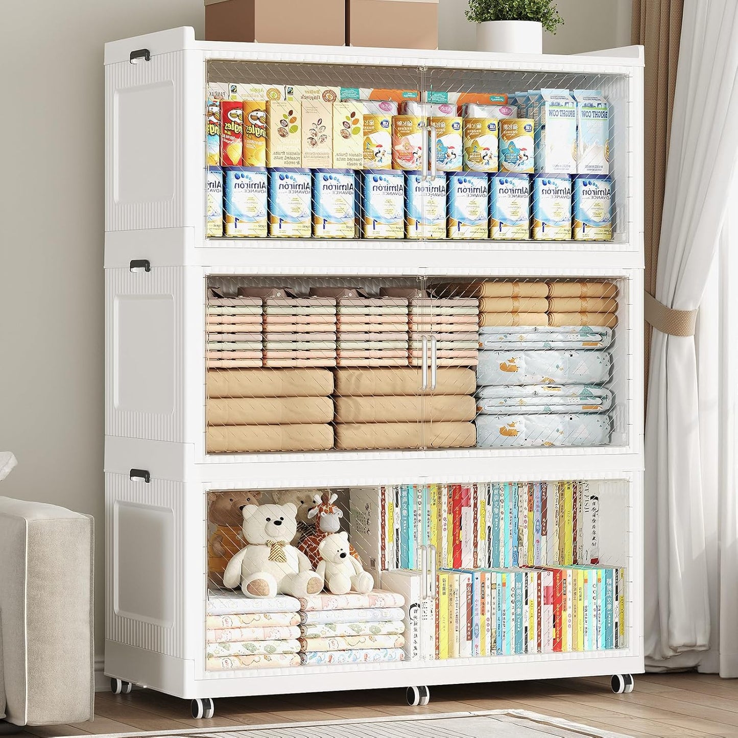 150GAL Extra Large Storage Bins with Lid, 600QT Collapsible Organizer with Wheels, Stackable Closet Cabinet with Doors, Folding Storage Containers for Home, Office, Dorm, 3Pack White