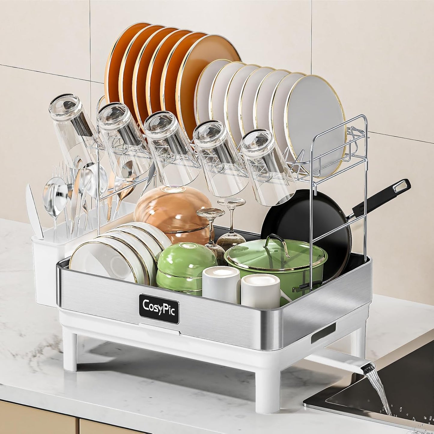 2 Tier Dish Drying Rack, Thicker Premium 304 Stainless Steel Dish Racks for Kitchen Counter, Automatic Drainage Spout, Dish Drainer & Drainboard Set with Utensil Holder and Cup Holder, White