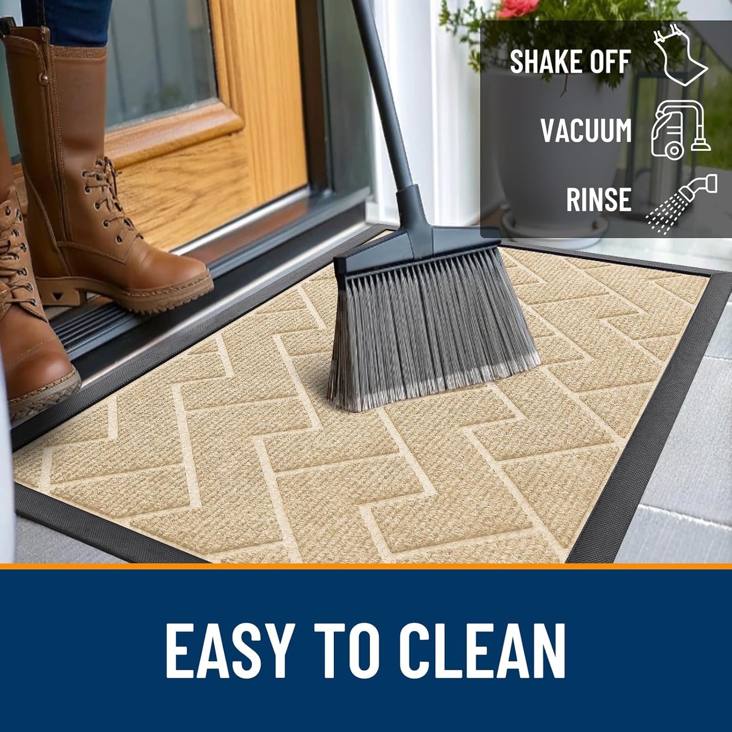 OLANLY Front Door Mat Indoor Outdoor Entrance, Waterproof All-Season, All-Weather Doormat, Sturdy Natural Rubber, Low Profile, Easy Clean Patio Porch Entryway Mat, Herringbone Brick (Beige, 71x47)