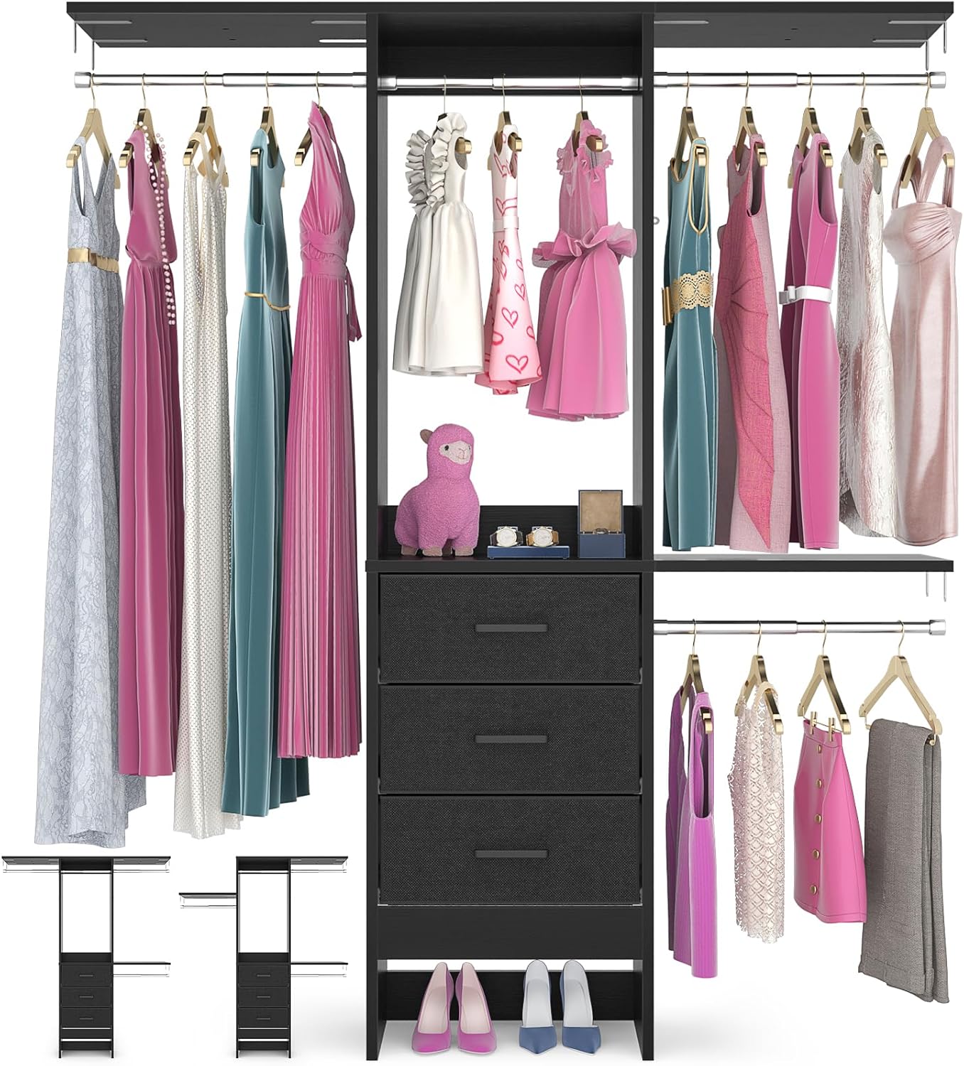 4FT Small Closet System with 3 Fabric Drawers, 48'' Closet Organizer System With 3 Adjustable Shelves, Flexible Built-In Clothes Garment Rack for Small Space, 48" L x 13" W x 71" H, Black