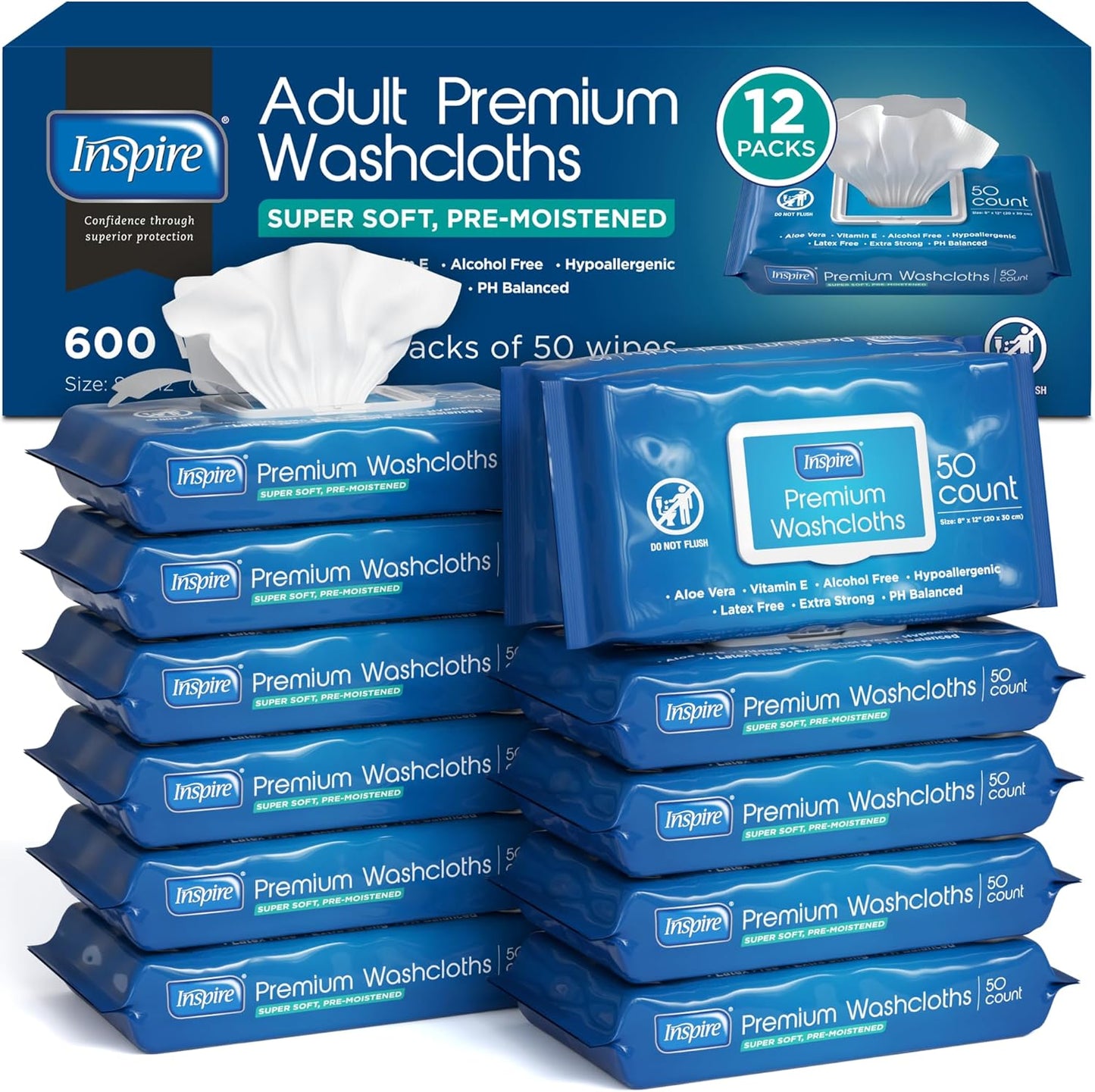 Inspire Adult Wet Wipes, Wash Cloths | Adult Wipes for Incontinence & Cleansing for Elderly, 8"x12" Count 12 packs of 50